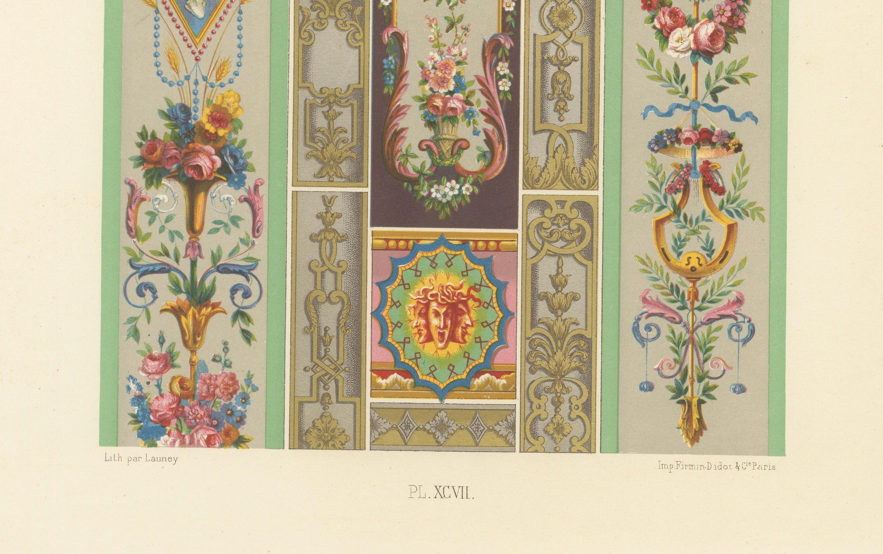 Français Ornement de panneau Rococo - French Floral and Gilt Wall Designs, Plate XCVII, 1869 en vente