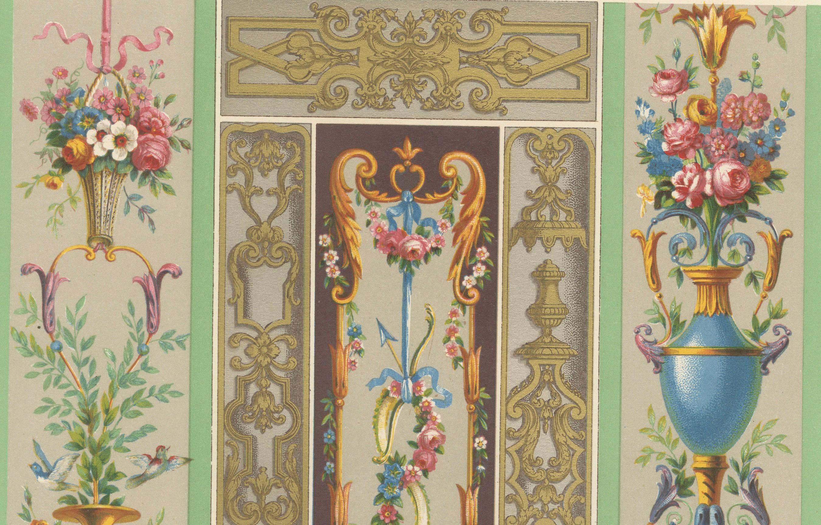 XIXe siècle Ornement de panneau Rococo - French Floral and Gilt Wall Designs, Plate XCVII, 1869 en vente