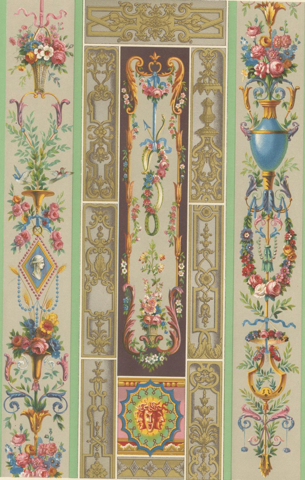Papier Ornement de panneau Rococo - French Floral and Gilt Wall Designs, Plate XCVII, 1869 en vente