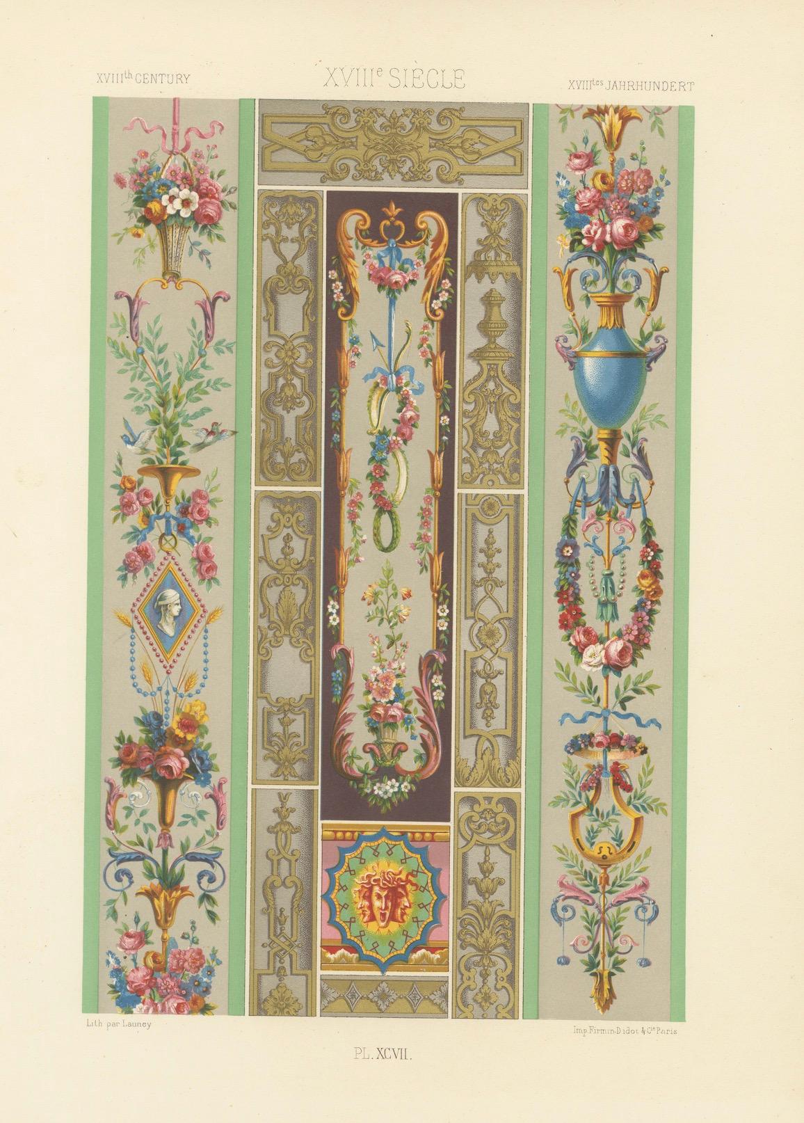 Ornement de panneau Rococo - French Floral and Gilt Wall Designs, Plate XCVII, 1869 en vente 1