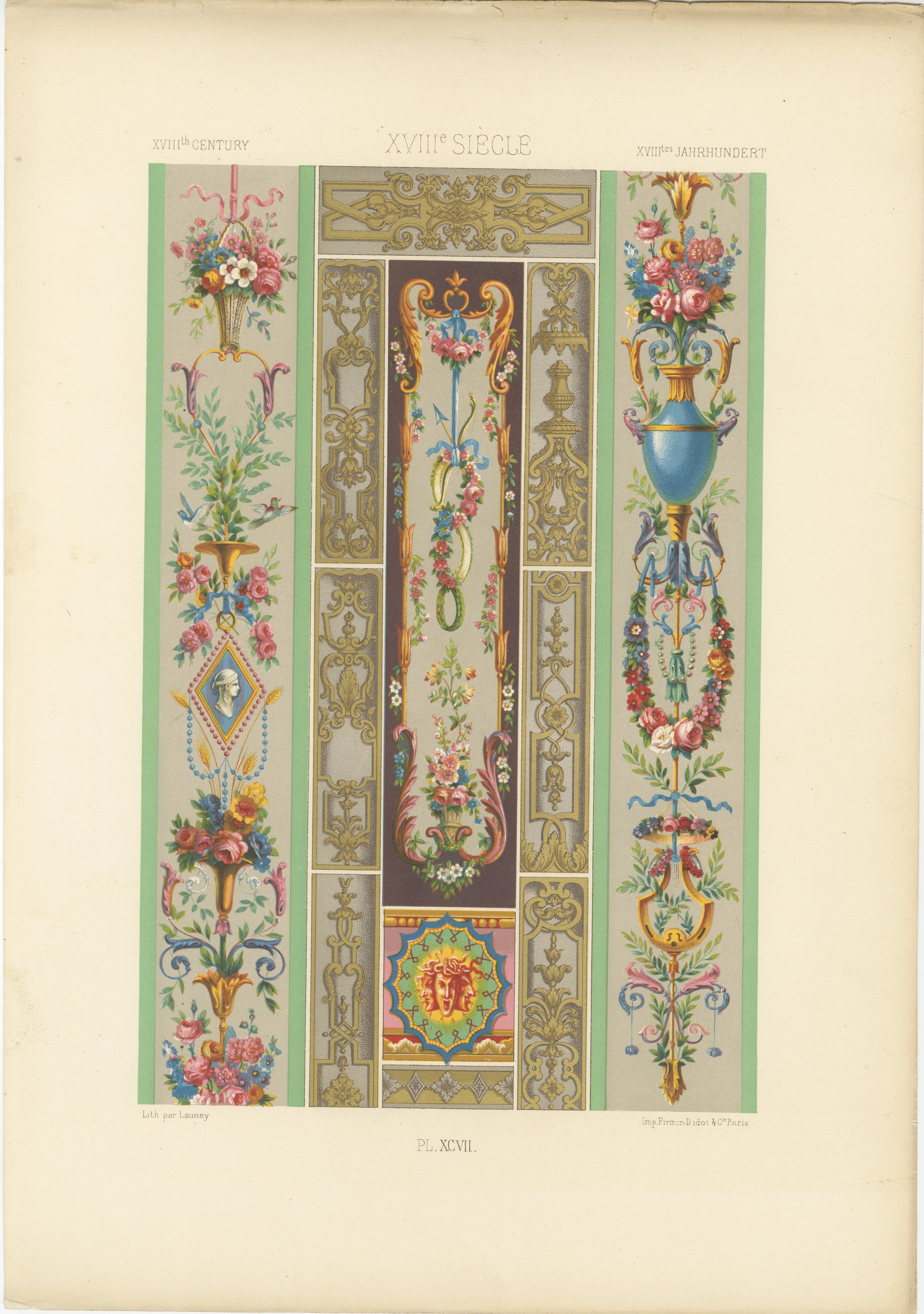 Rokoko-Paneel-Ornament - Französische florale und vergoldete Wanddesigns, Tafel XCVII, 1869
