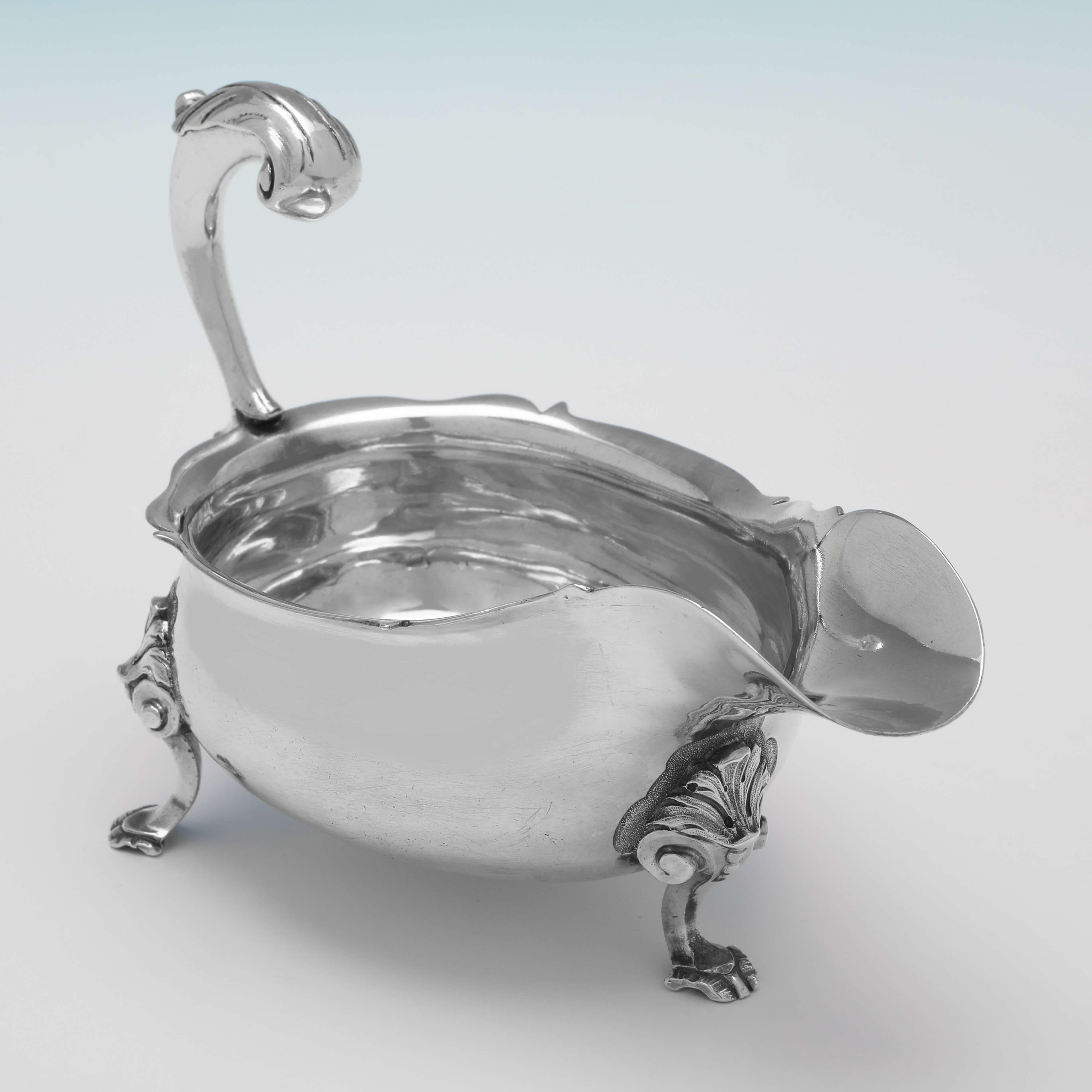 English Rococo Period George II Sterling Silver Pair Of Sauce Boats, London 1740 For Sale