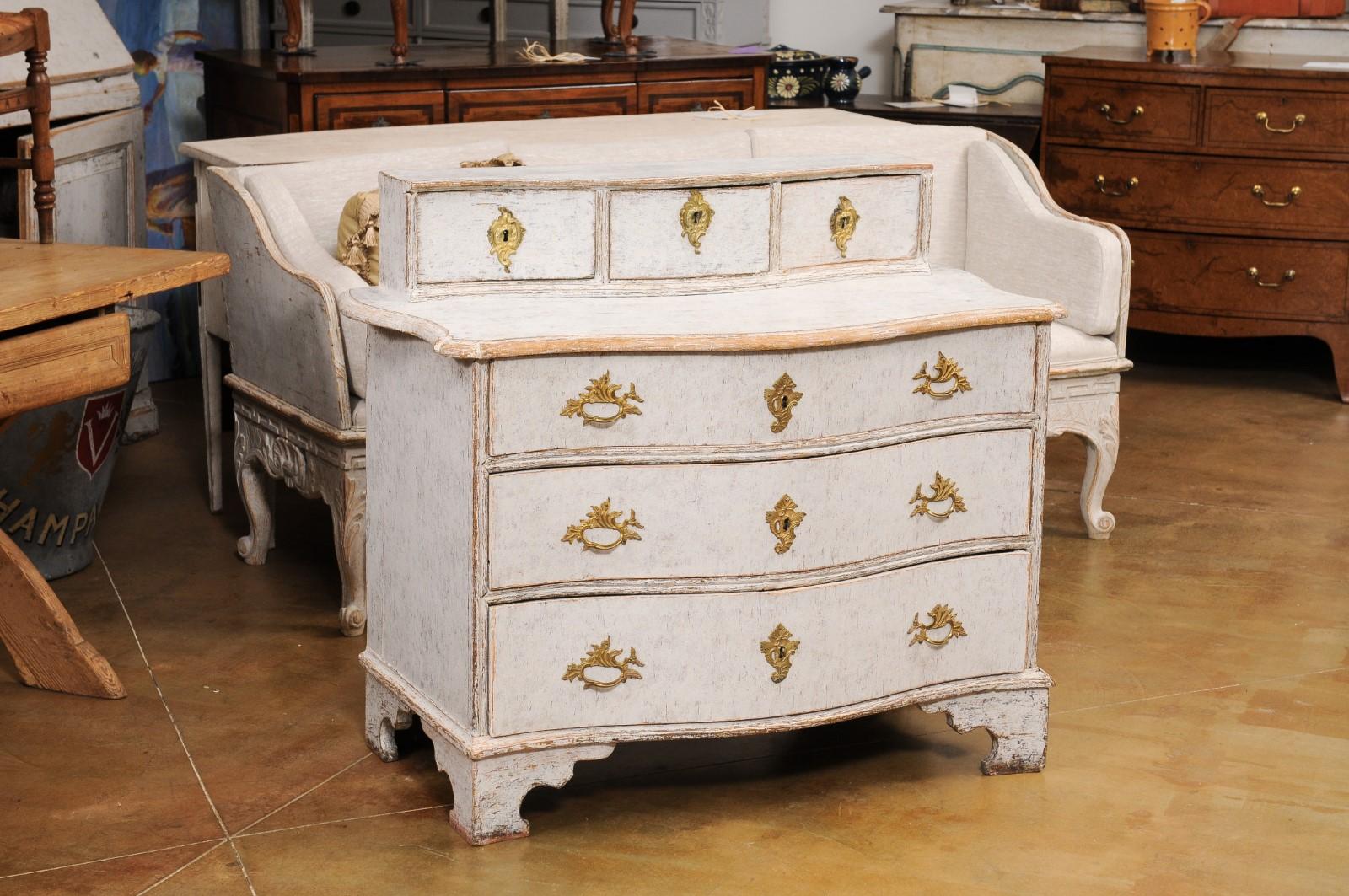 Carved Rococo Period Swedish 1760s Gray Painted Commode with Raised Top and Drawers For Sale