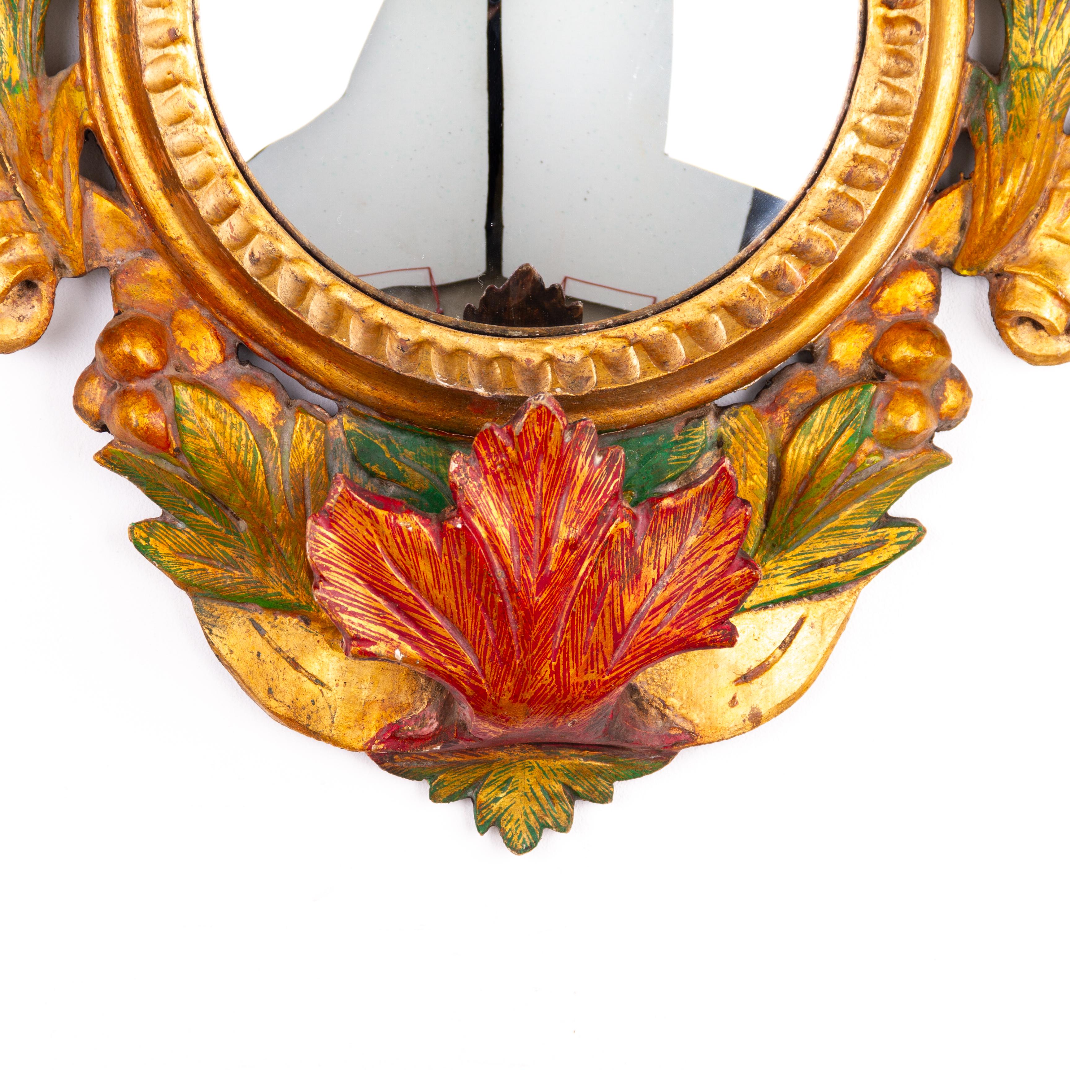 Rococo Polychrome Giltwood Convex Mirror In Good Condition For Sale In Nottingham, GB