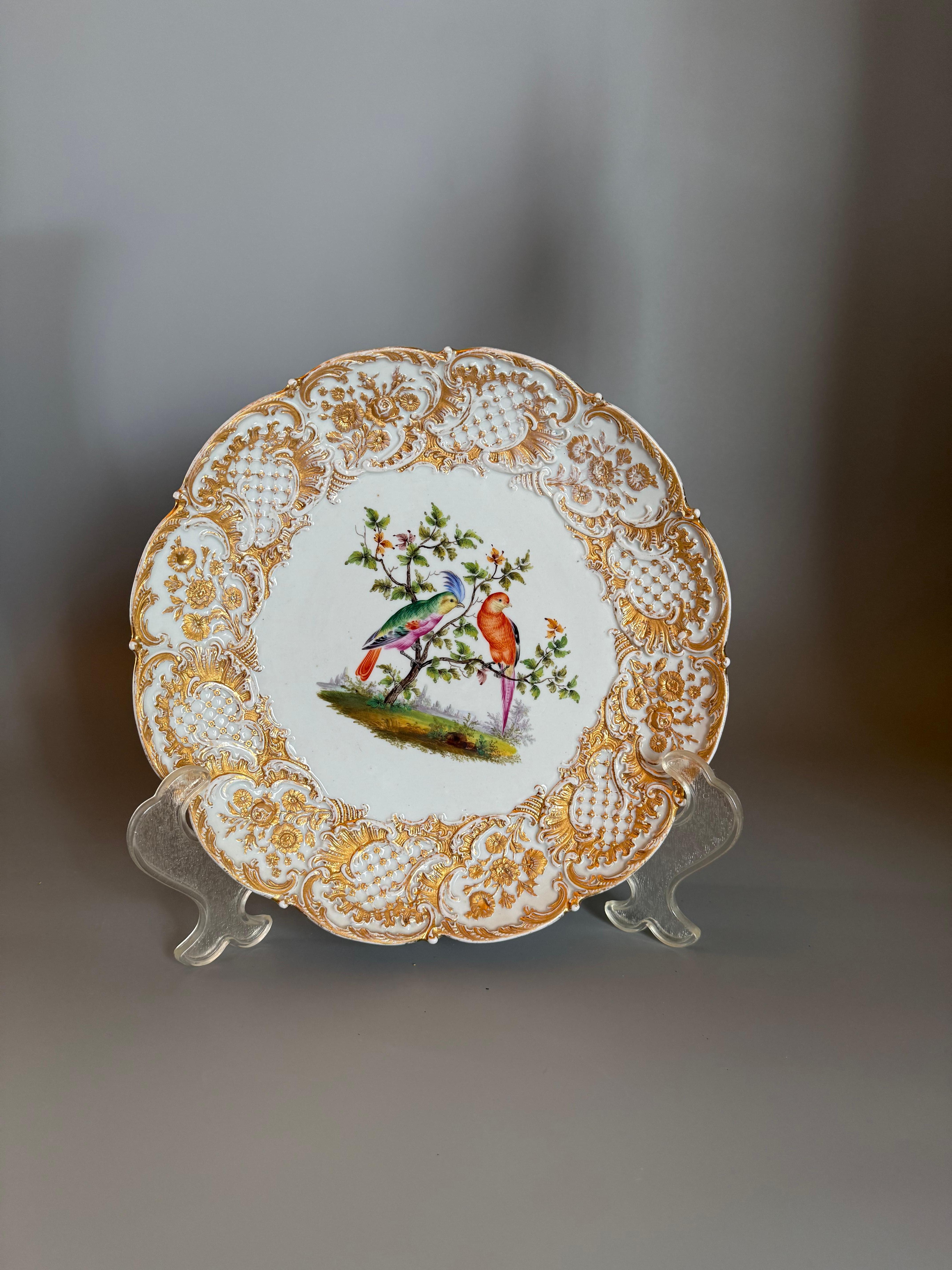 Rokoko Porzellan Zeremonienteller Meissen Vögel Gilts 19. Jahrhundert (Vergoldet) im Angebot