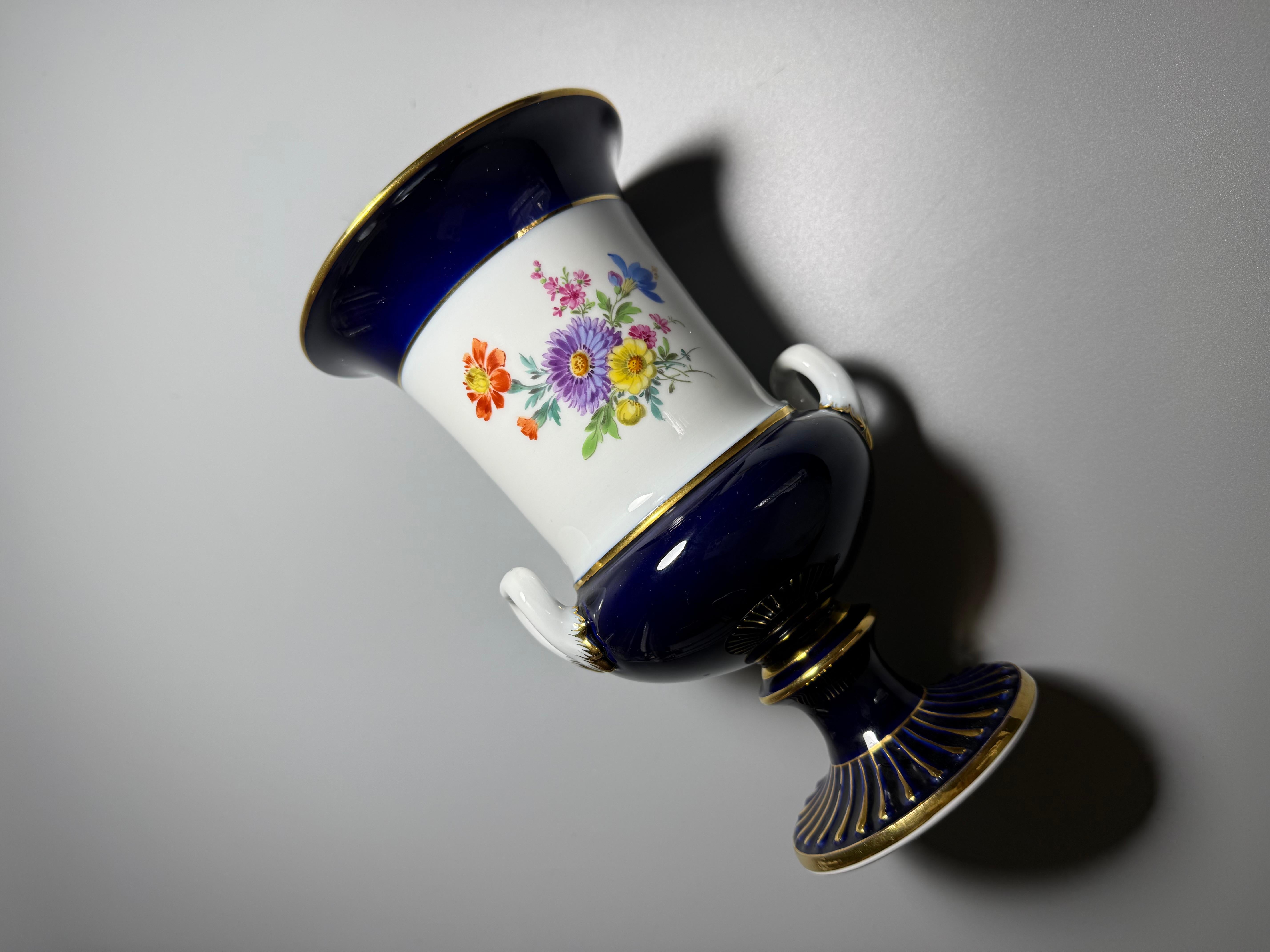 Rococo Porcelain Vase Cobalt Blue Flowers Gilt Meissen For Sale 5