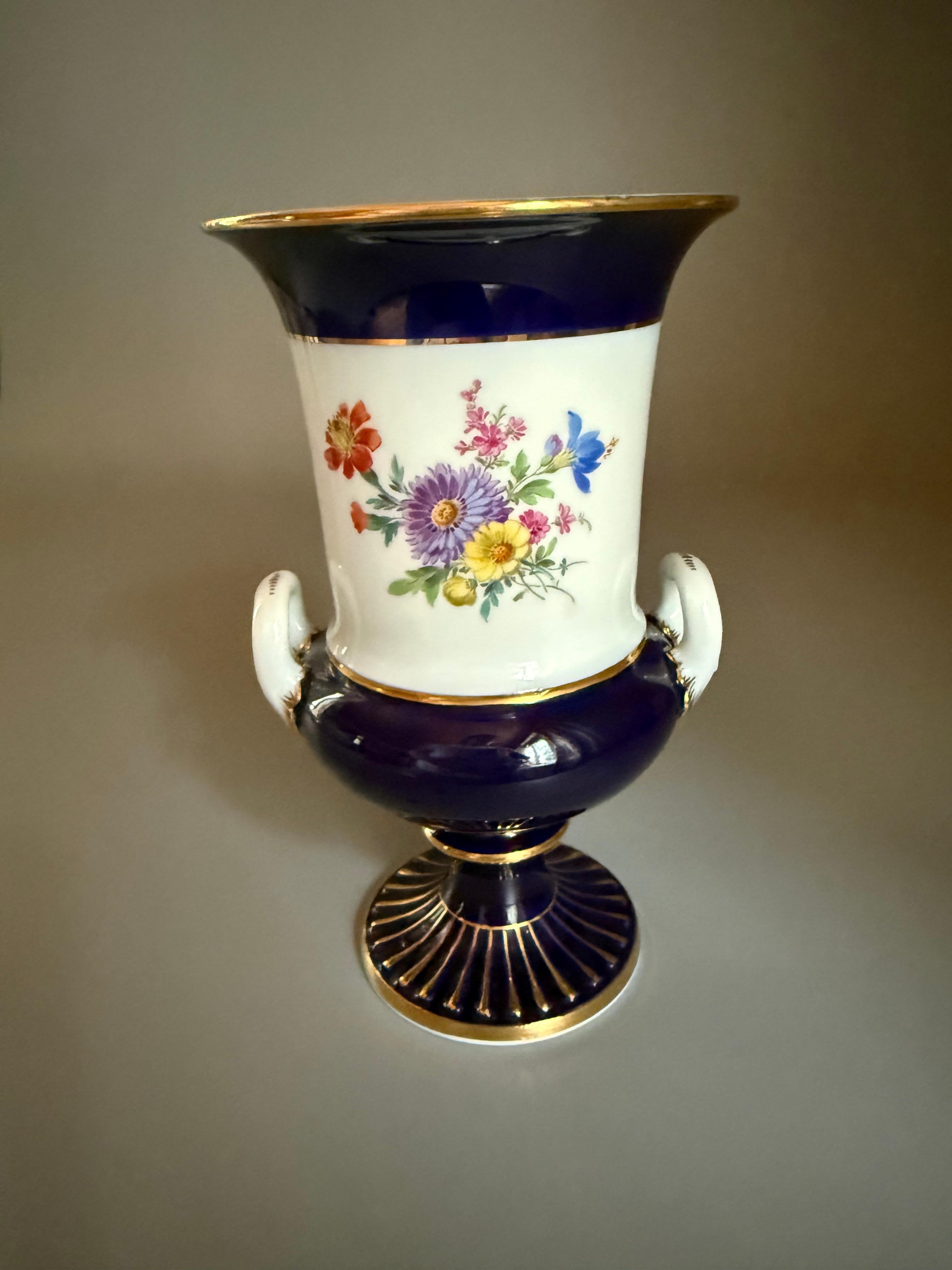 German Rococo Porcelain Vase Cobalt Blue Flowers Gilt Meissen For Sale