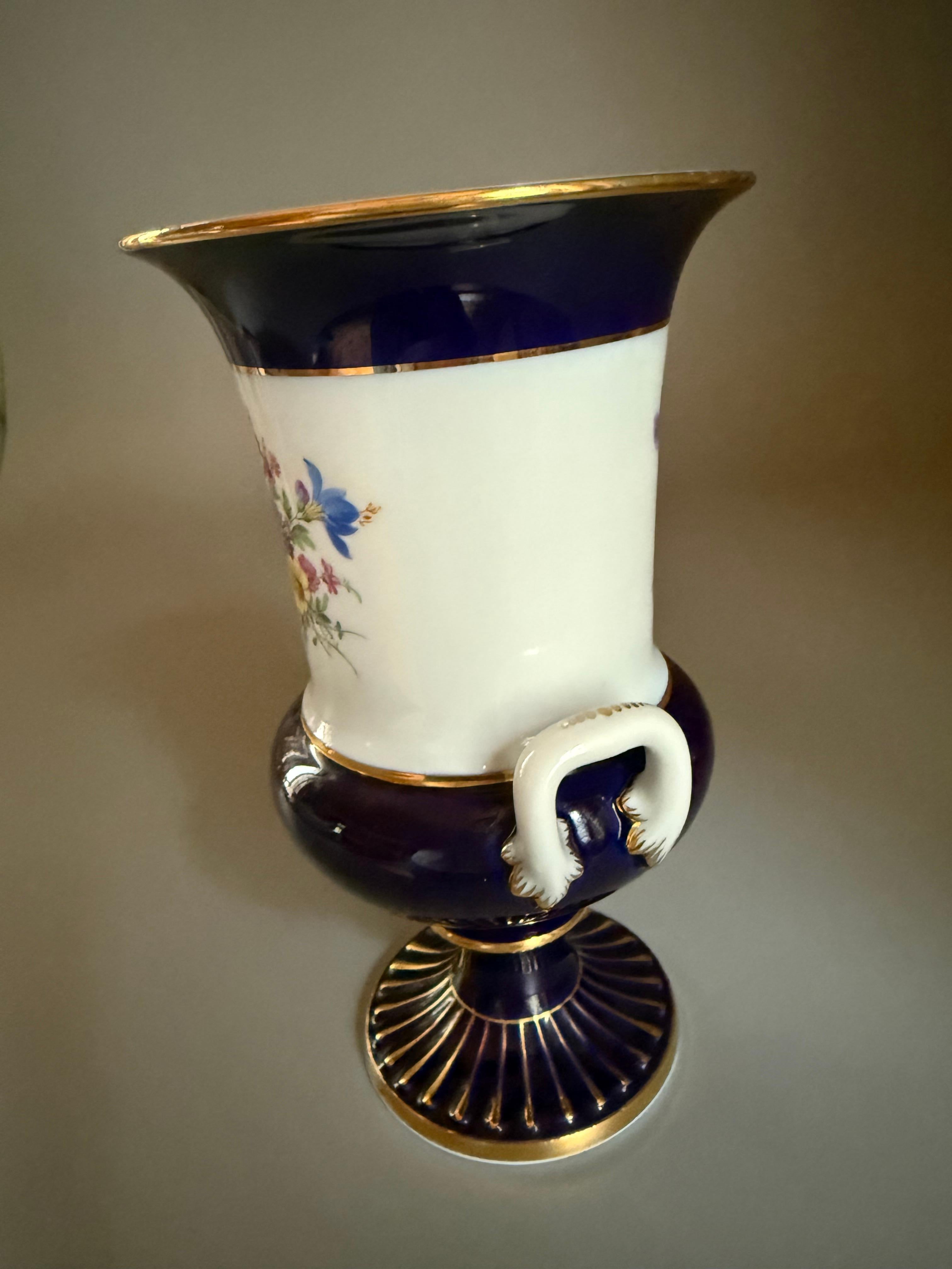 Hand-Painted Rococo Porcelain Vase Cobalt Blue Flowers Gilt Meissen For Sale