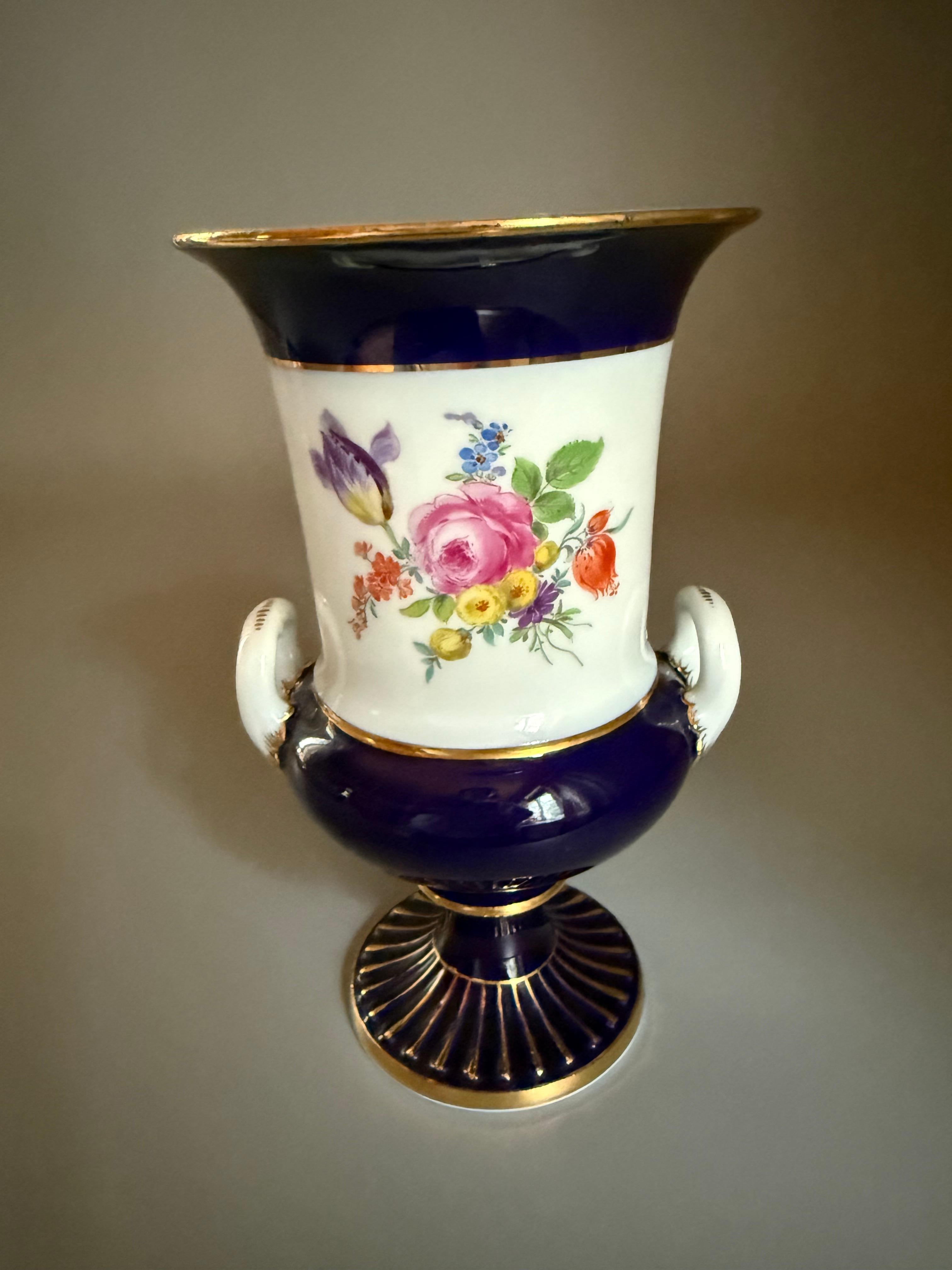 Rococo Porcelain Vase Cobalt Blue Flowers Gilt Meissen In Good Condition For Sale In Uppsala , SE