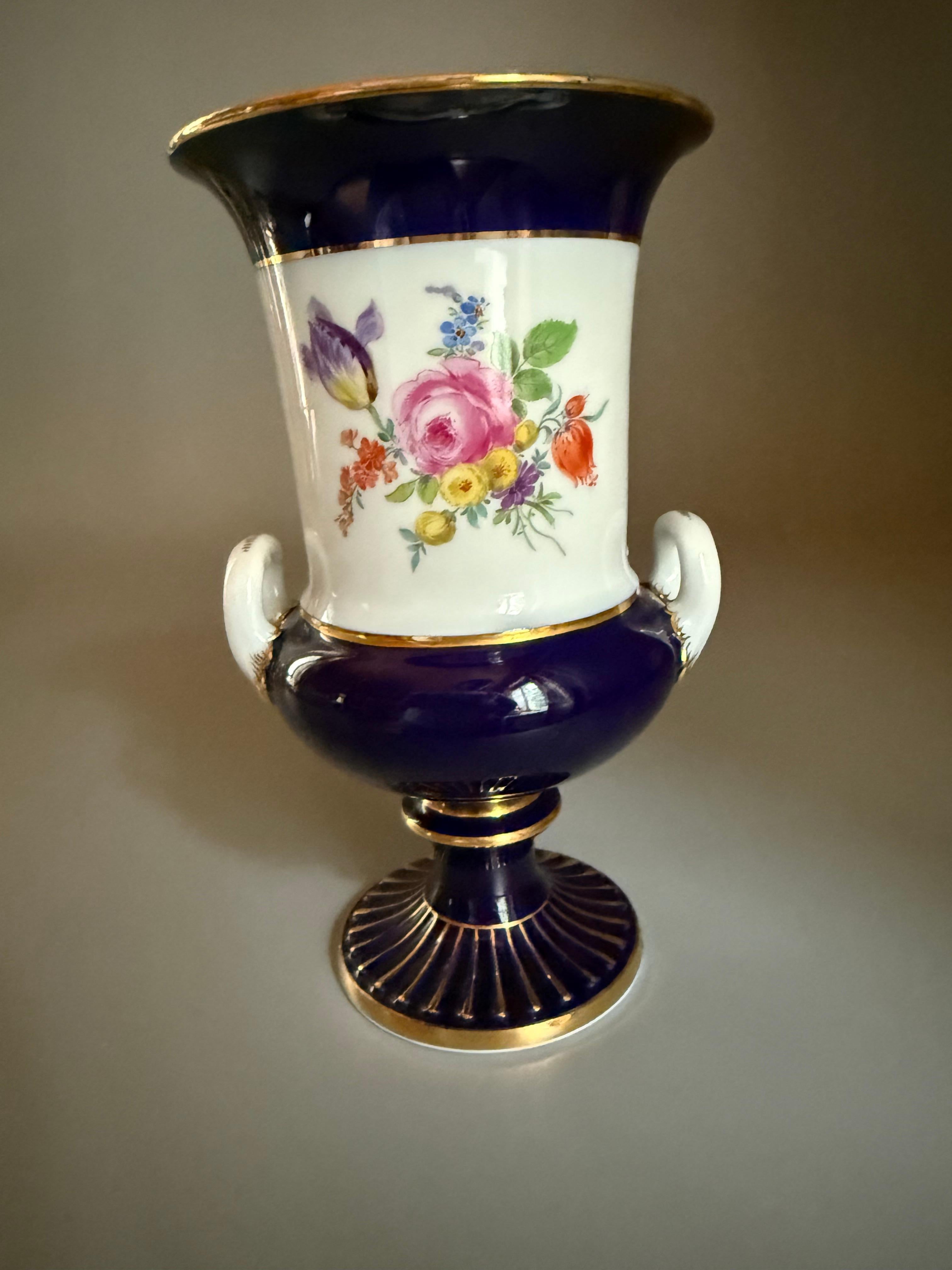 Early 20th Century Rococo Porcelain Vase Cobalt Blue Flowers Gilt Meissen For Sale