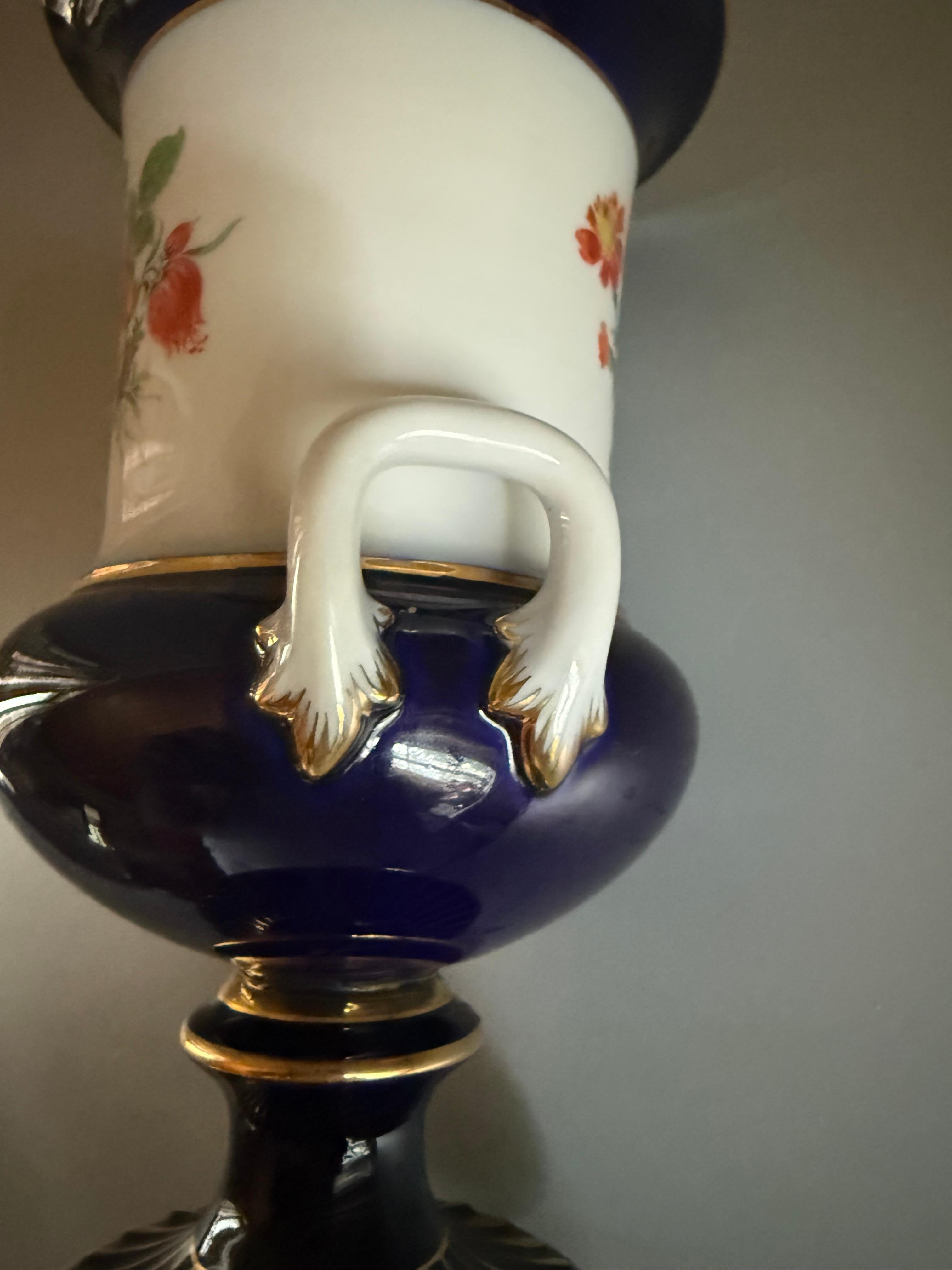 Rococo Porcelain Vase Cobalt Blue Flowers Gilt Meissen For Sale 1