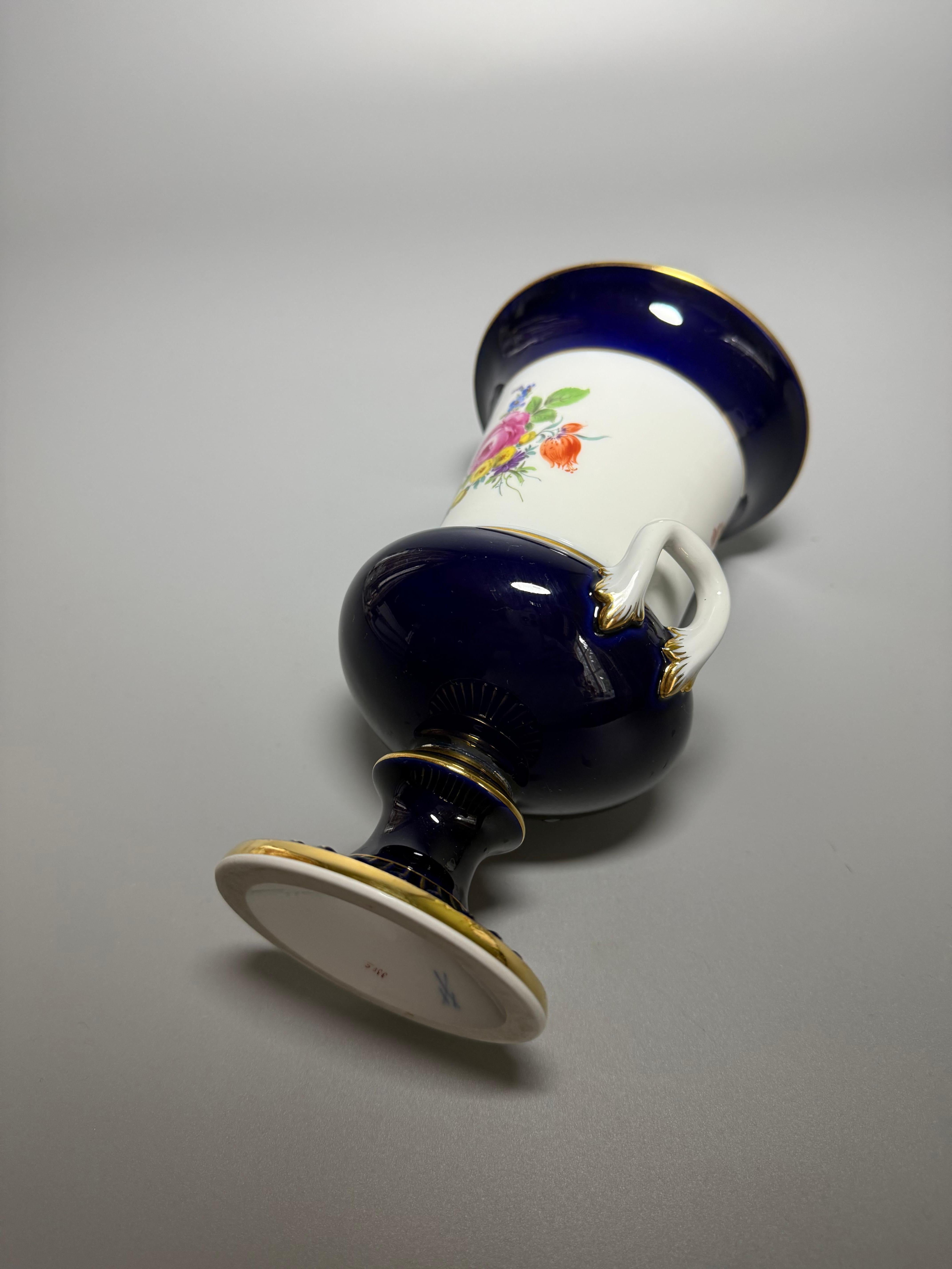 Rococo Porcelain Vase Cobalt Blue Flowers Gilt Meissen For Sale 2