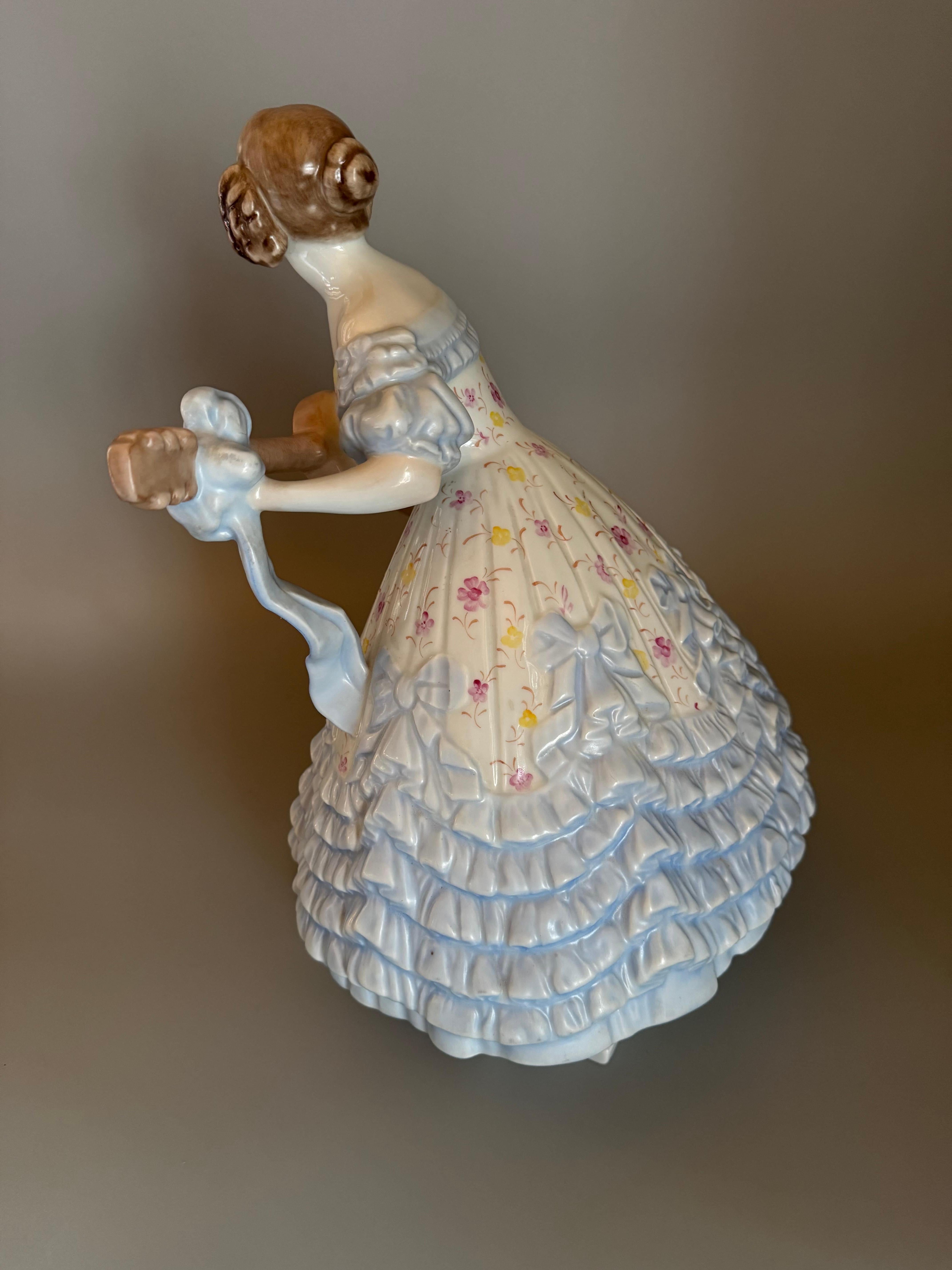 Rococo Blue Porcelan Large Figurine “Mrs. Déry” Lady Playing Guitar 14  inches For Sale 3
