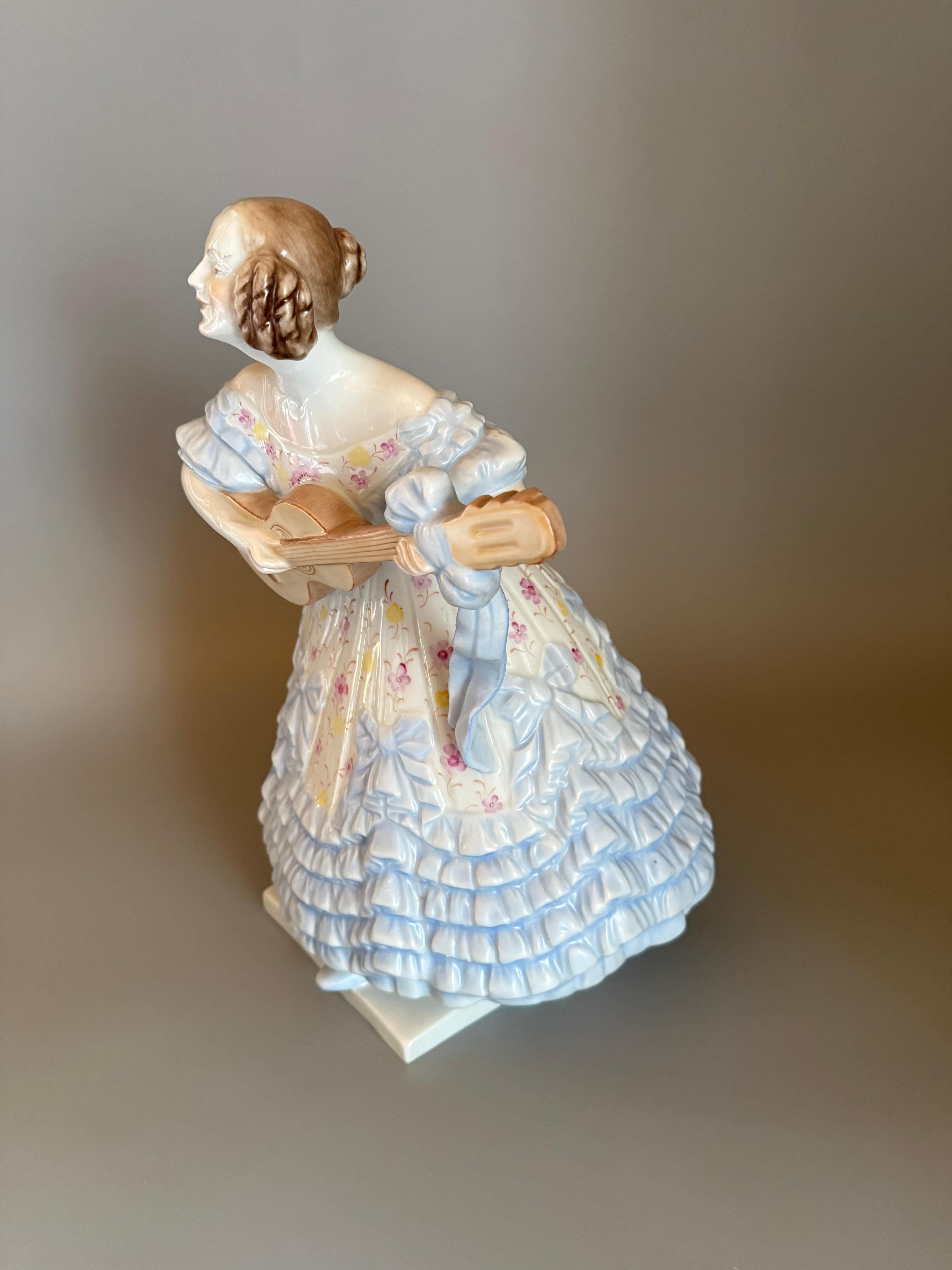 Rococo Blue Porcelan Large Figurine “Mrs. Déry” Lady Playing Guitar 14  inches For Sale 5