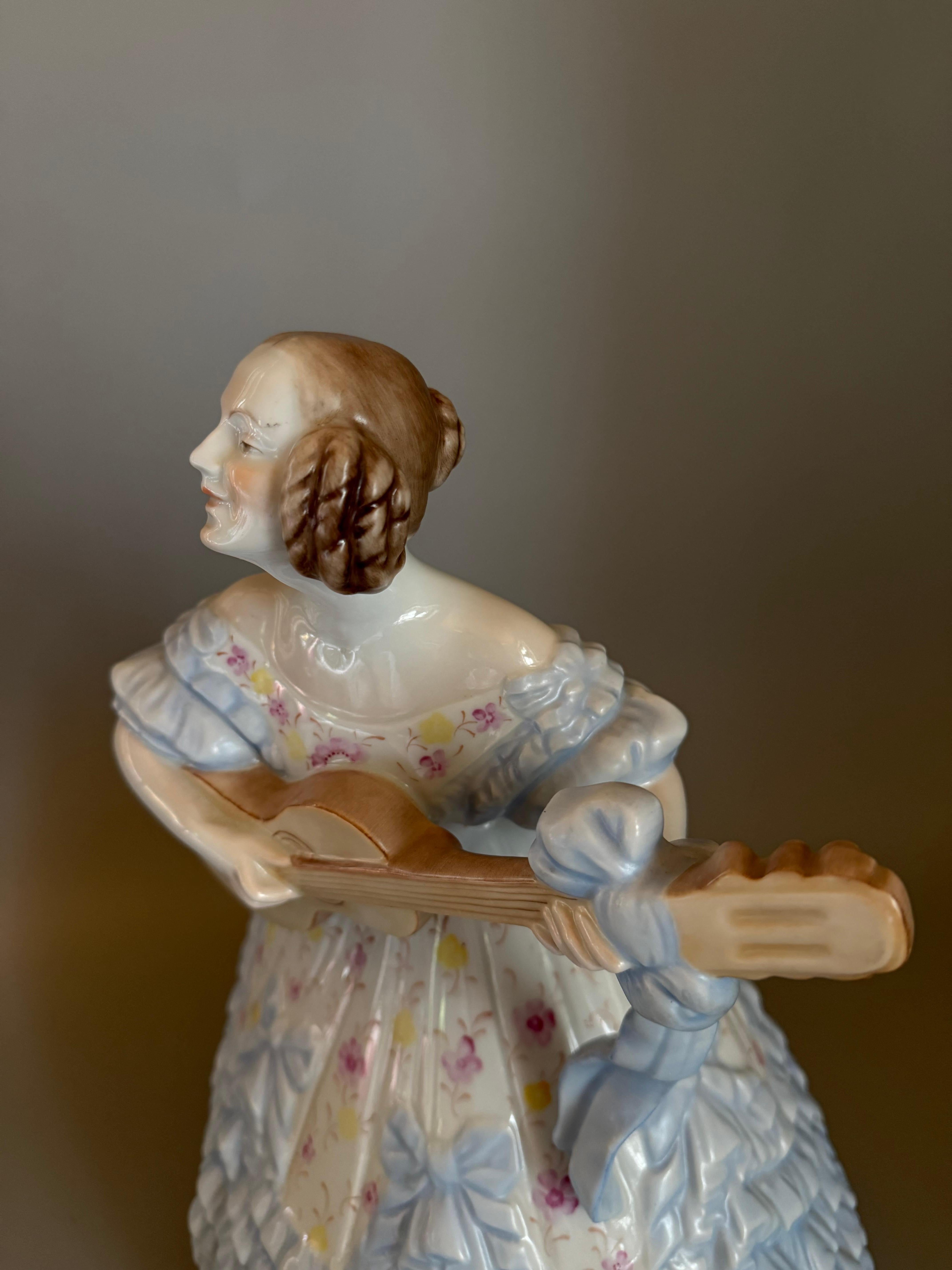 Rococo Blue Porcelan Large Figurine “Mrs. Déry” Lady Playing Guitar 14  inches For Sale 6