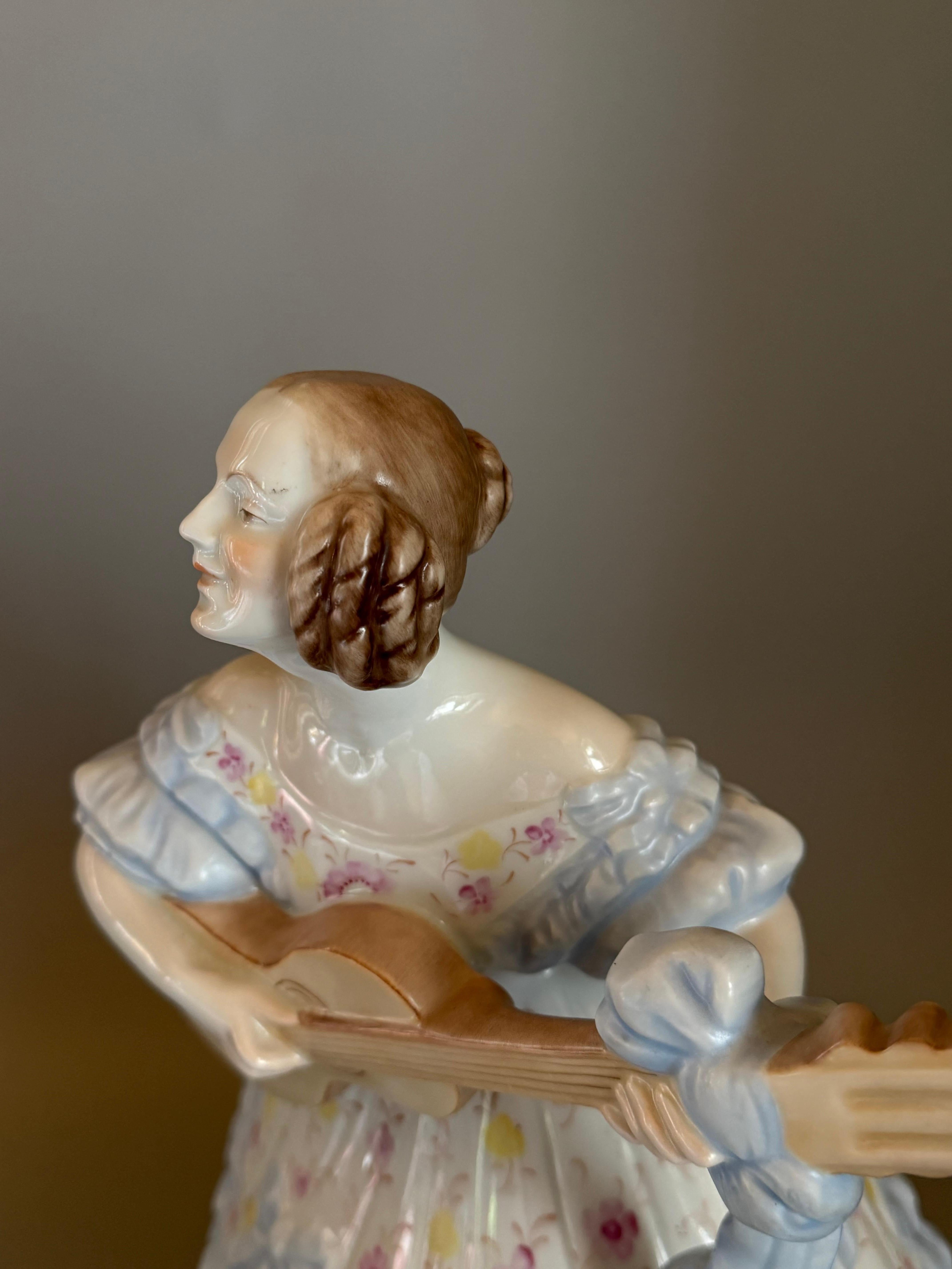 Rococo Blue Porcelan Large Figurine “Mrs. Déry” Lady Playing Guitar 14  inches For Sale 7