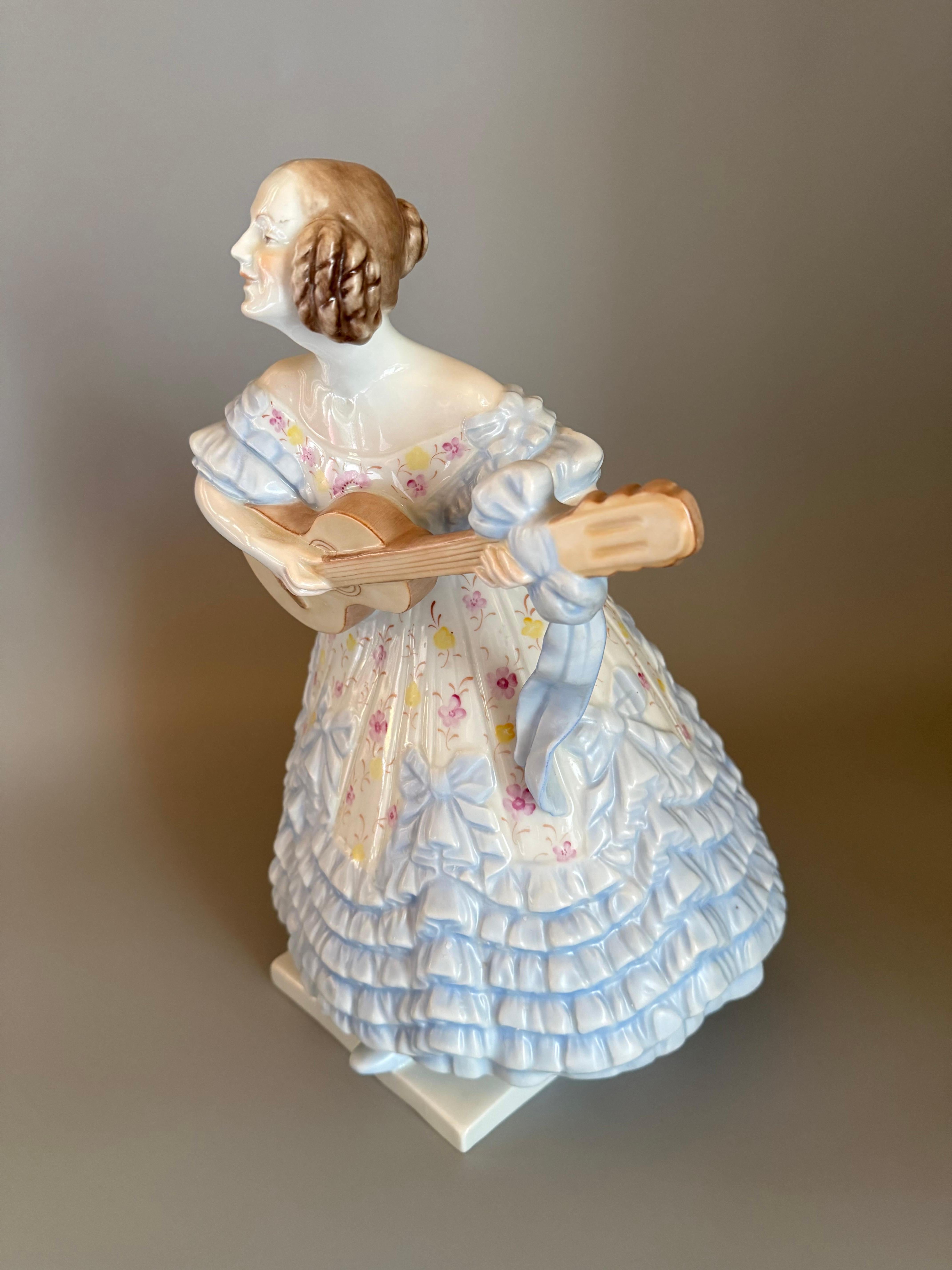 Rococo Blue Porcelan Large Figurine “Mrs. Déry” Lady Playing Guitar 14  inches For Sale 8