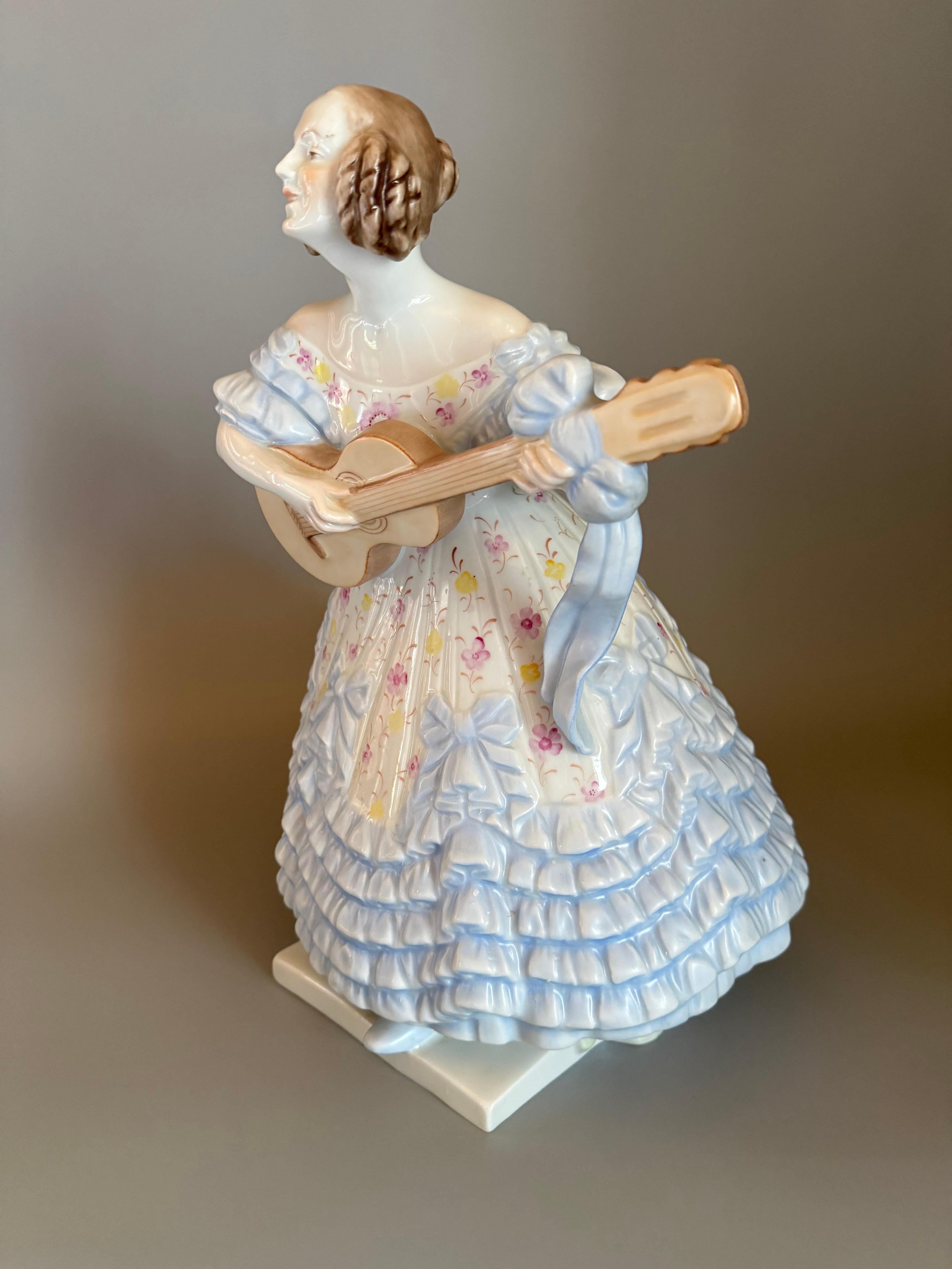 Rococo Blue Porcelan Large Figurine “Mrs. Déry” Lady Playing Guitar 14  inches For Sale 9