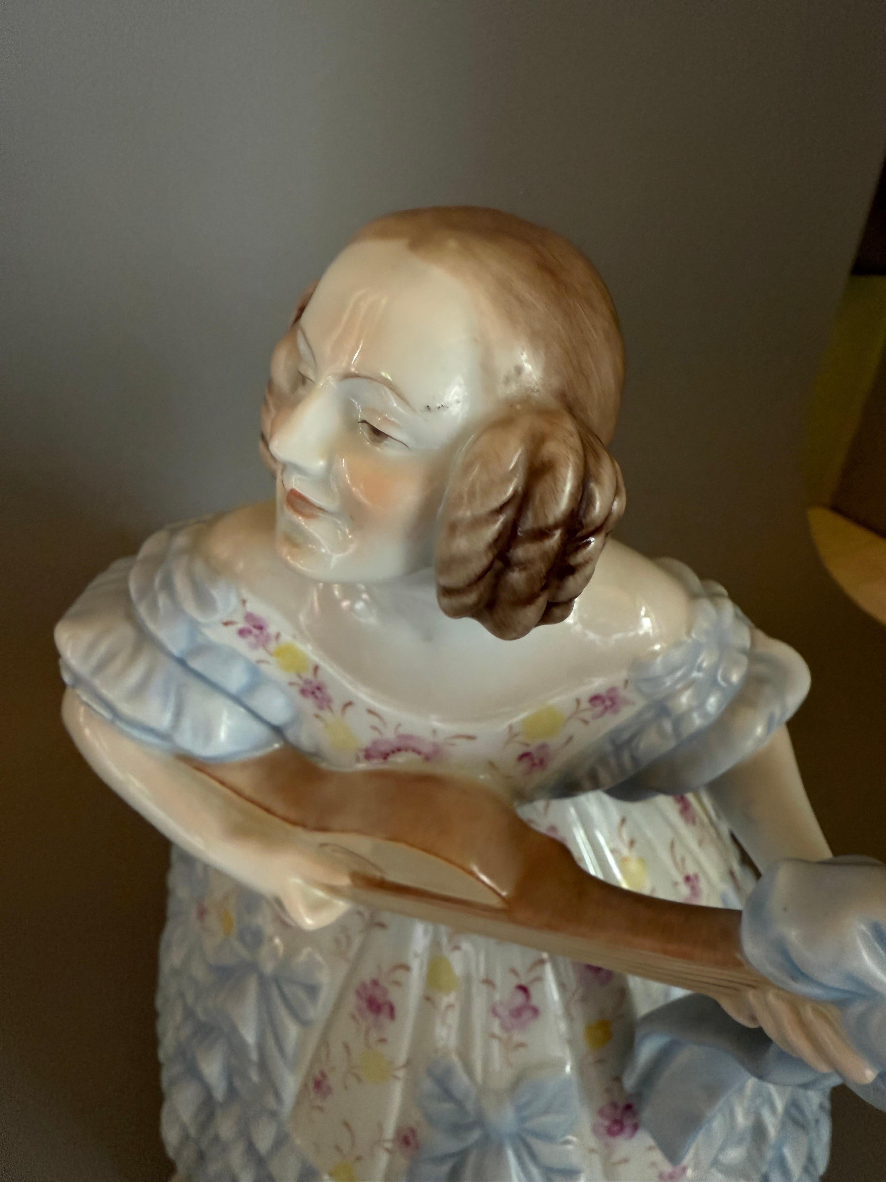 Rococo Blue Porcelan Large Figurine “Mrs. Déry” Lady Playing Guitar 14  inches For Sale 10