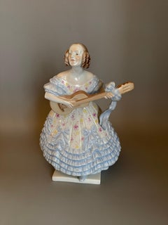 Rococo Blue Porcelan Large Figurine “Mrs. Déry” Lady Playing Guitar 14  inches