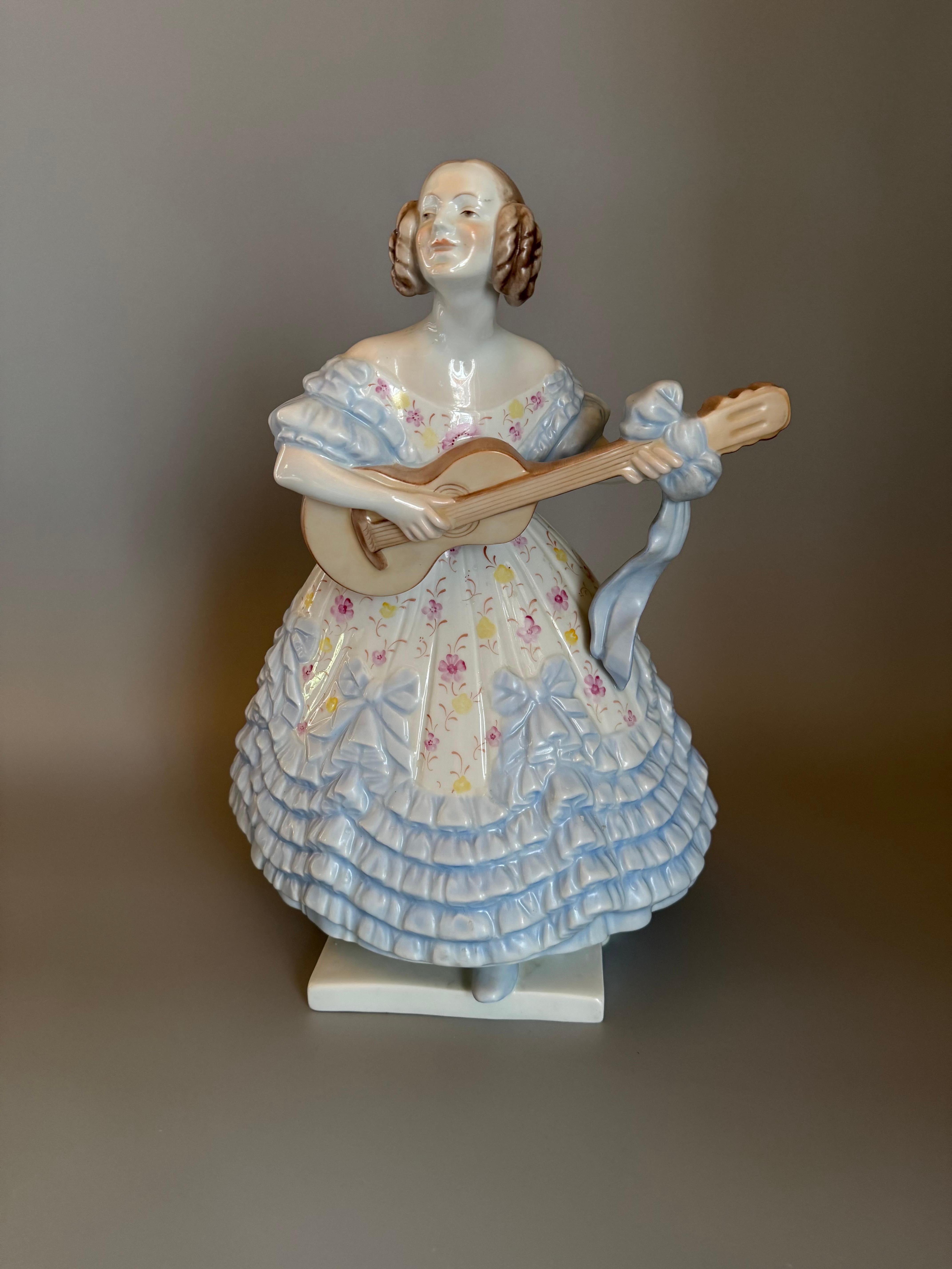 Hungarian Rococo Blue Porcelan Large Figurine “Mrs. Déry” Lady Playing Guitar 14  inches For Sale