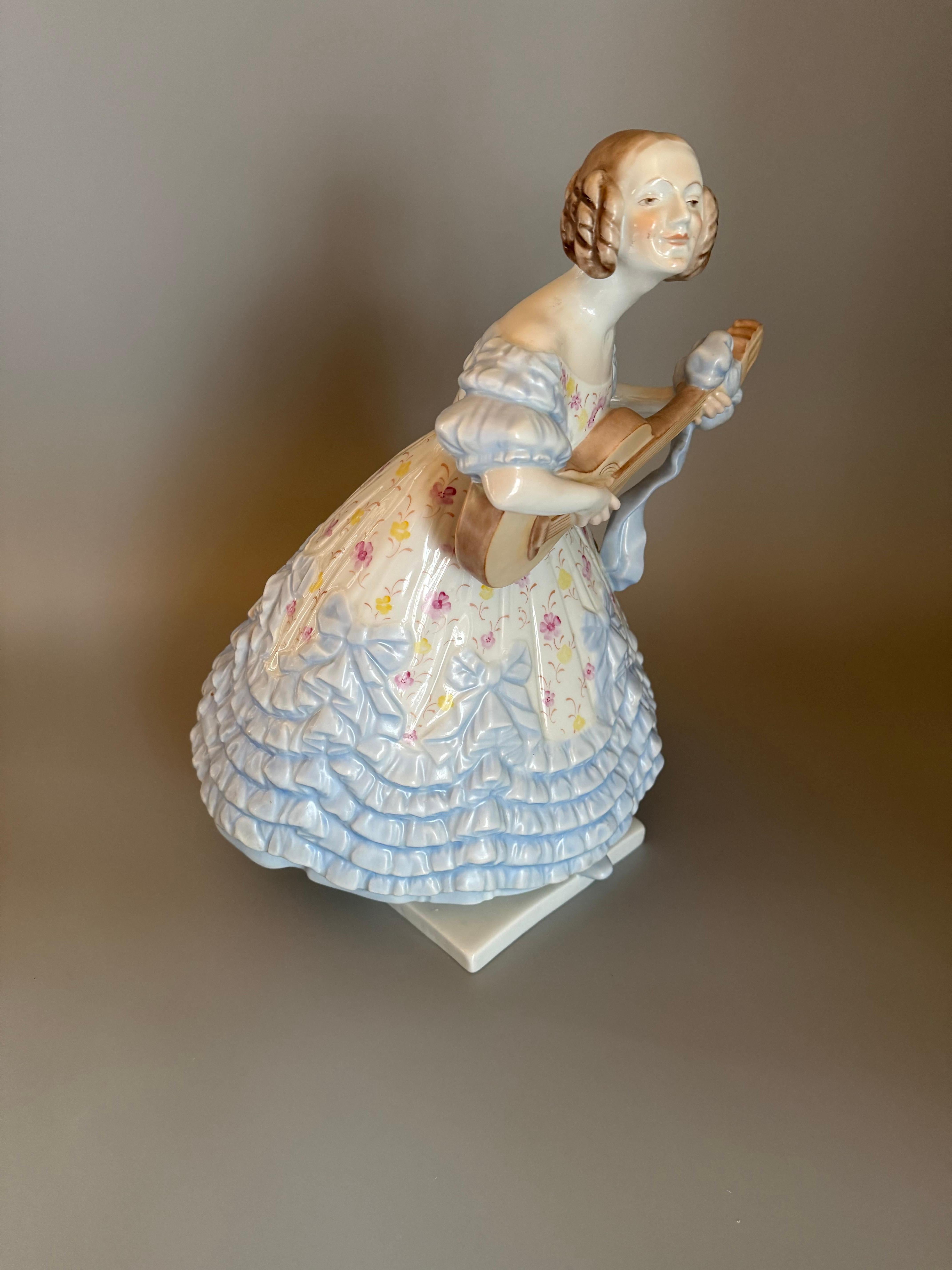 Hand-Painted Rococo Blue Porcelan Large Figurine “Mrs. Déry” Lady Playing Guitar 14  inches For Sale