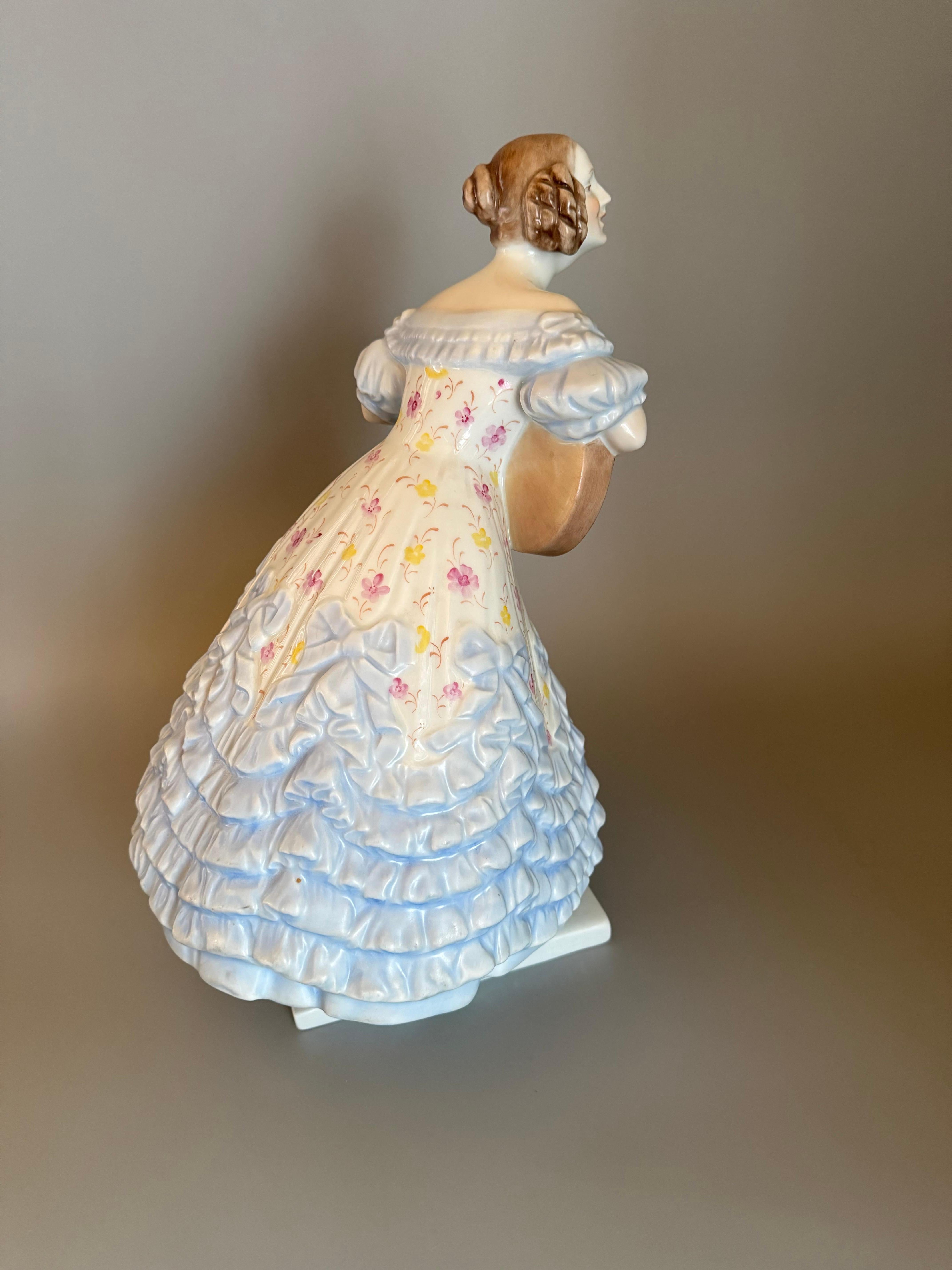 Rococo Blue Porcelan Large Figurine “Mrs. Déry” Lady Playing Guitar 14  inches In Good Condition For Sale In Uppsala , SE