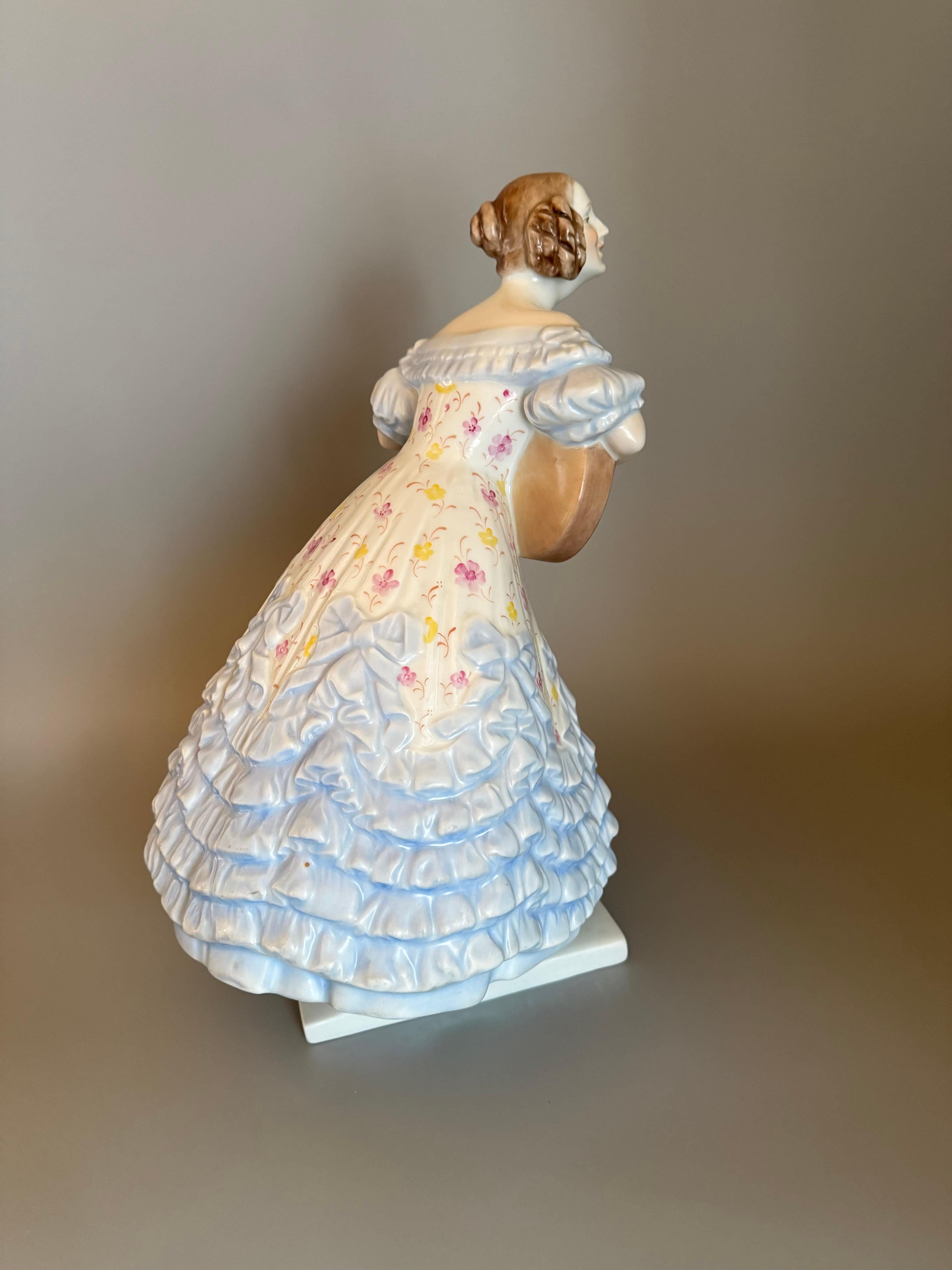 20th Century Rococo Blue Porcelan Large Figurine “Mrs. Déry” Lady Playing Guitar 14  inches For Sale