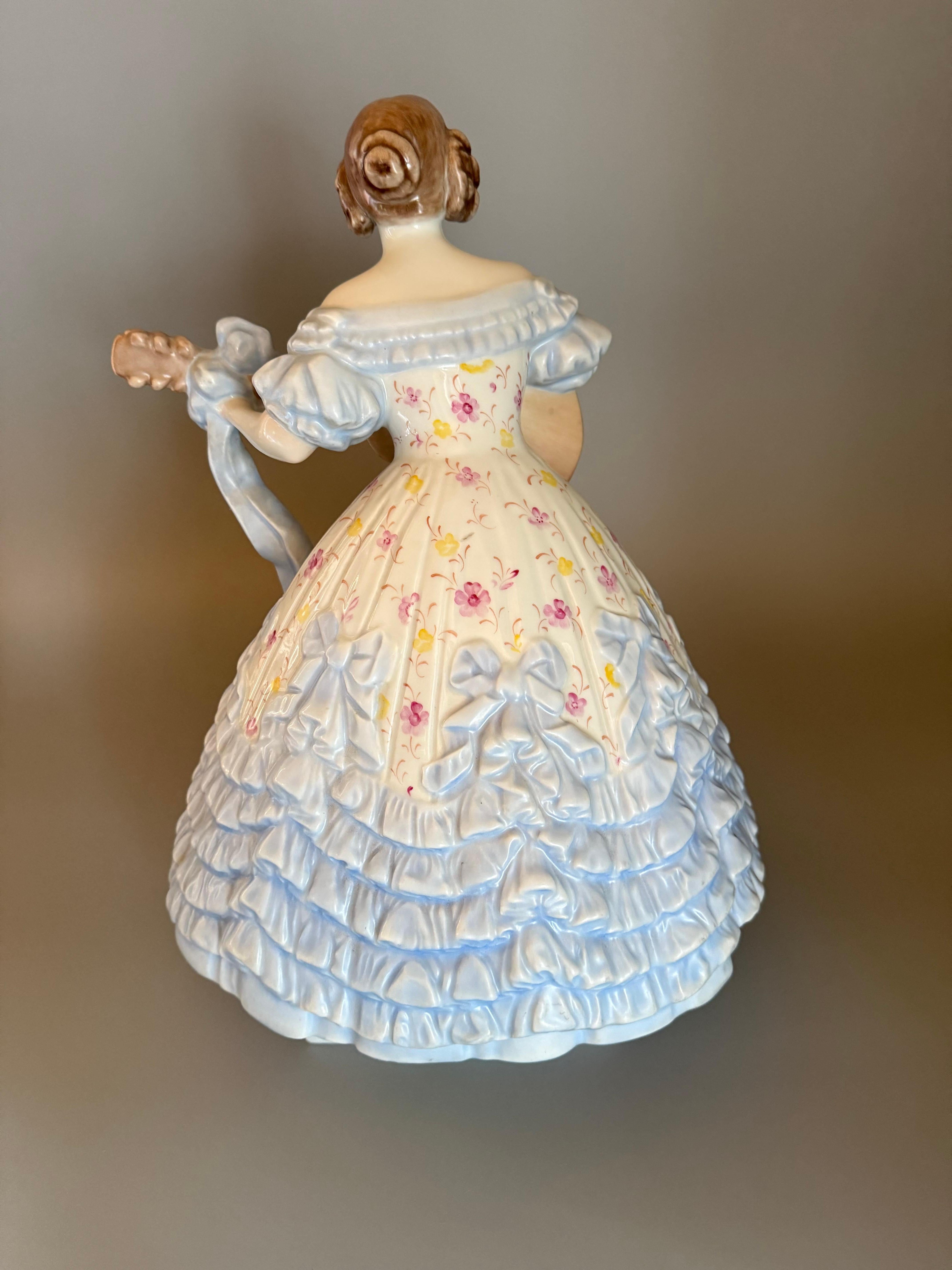 Rococo Blue Porcelan Large Figurine “Mrs. Déry” Lady Playing Guitar 14  inches For Sale 2