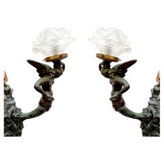 Vintage Rococo Revival 19th Century French Bronze Angel Sconces