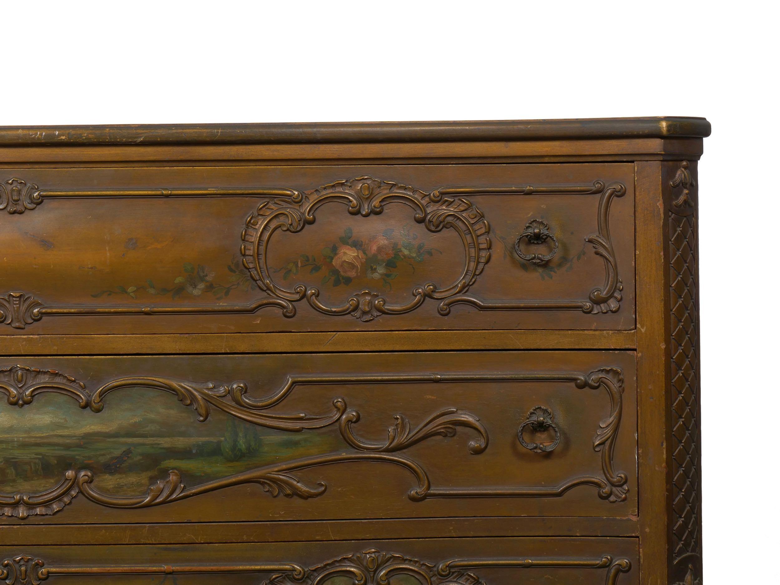 Wood Rococo Revival Antique Painted Commode Chest of Drawers, Early 20th Century