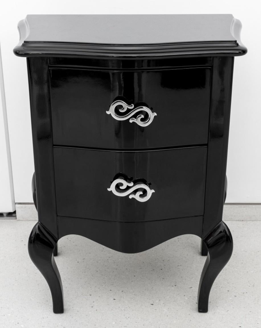 Modern Rococo Revival Black Lacquered Nightstand, Pair