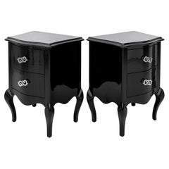 Rococo Revival Black Lacquered Nightstand, Pair