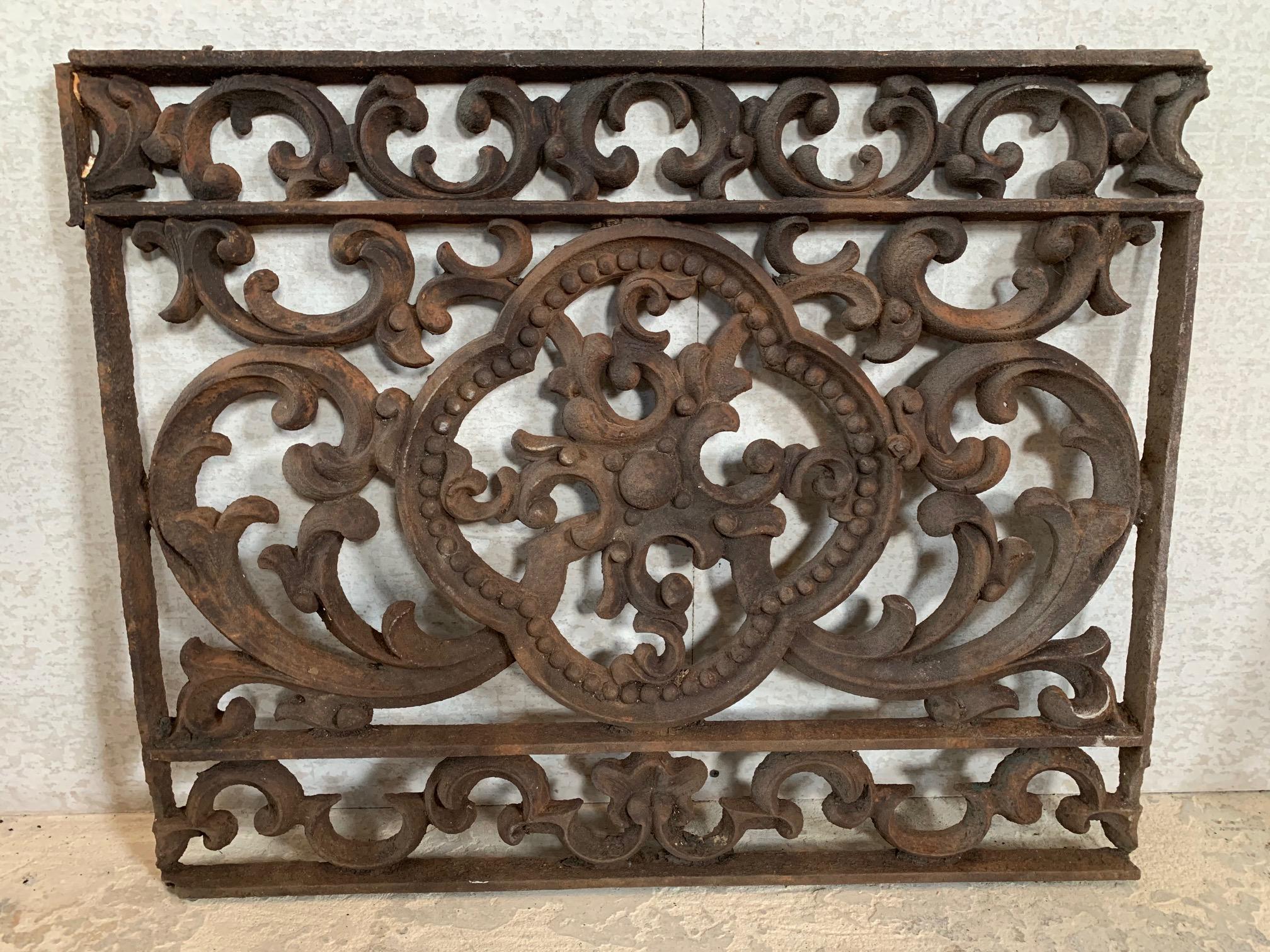 Cast iron frame riveted to cast panel. Great surfaces, sourced from an 1860 residence in Capitol Hill, DC.