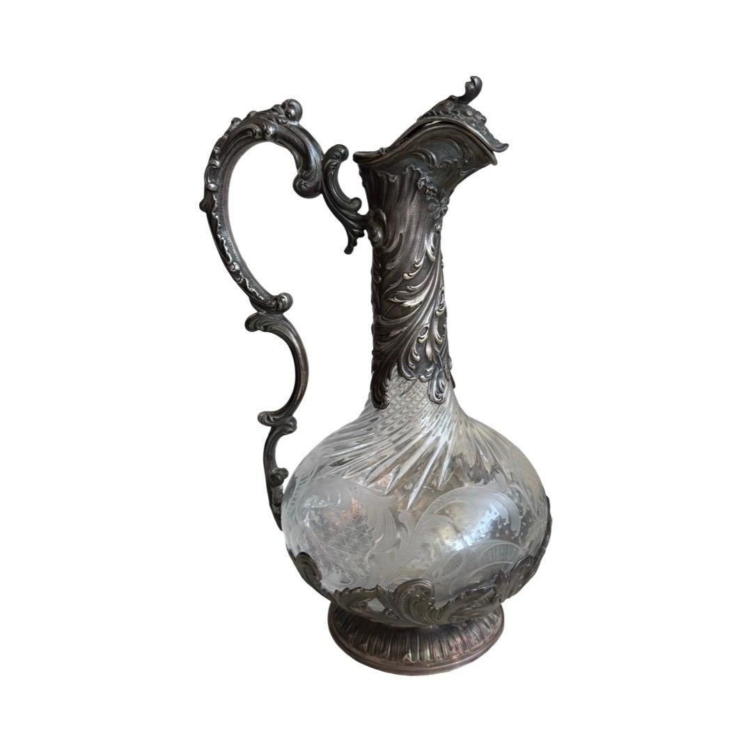 Hand-Carved Rococo Revival French Silver and Crystal Claret Jug, Late 19th Century For Sale