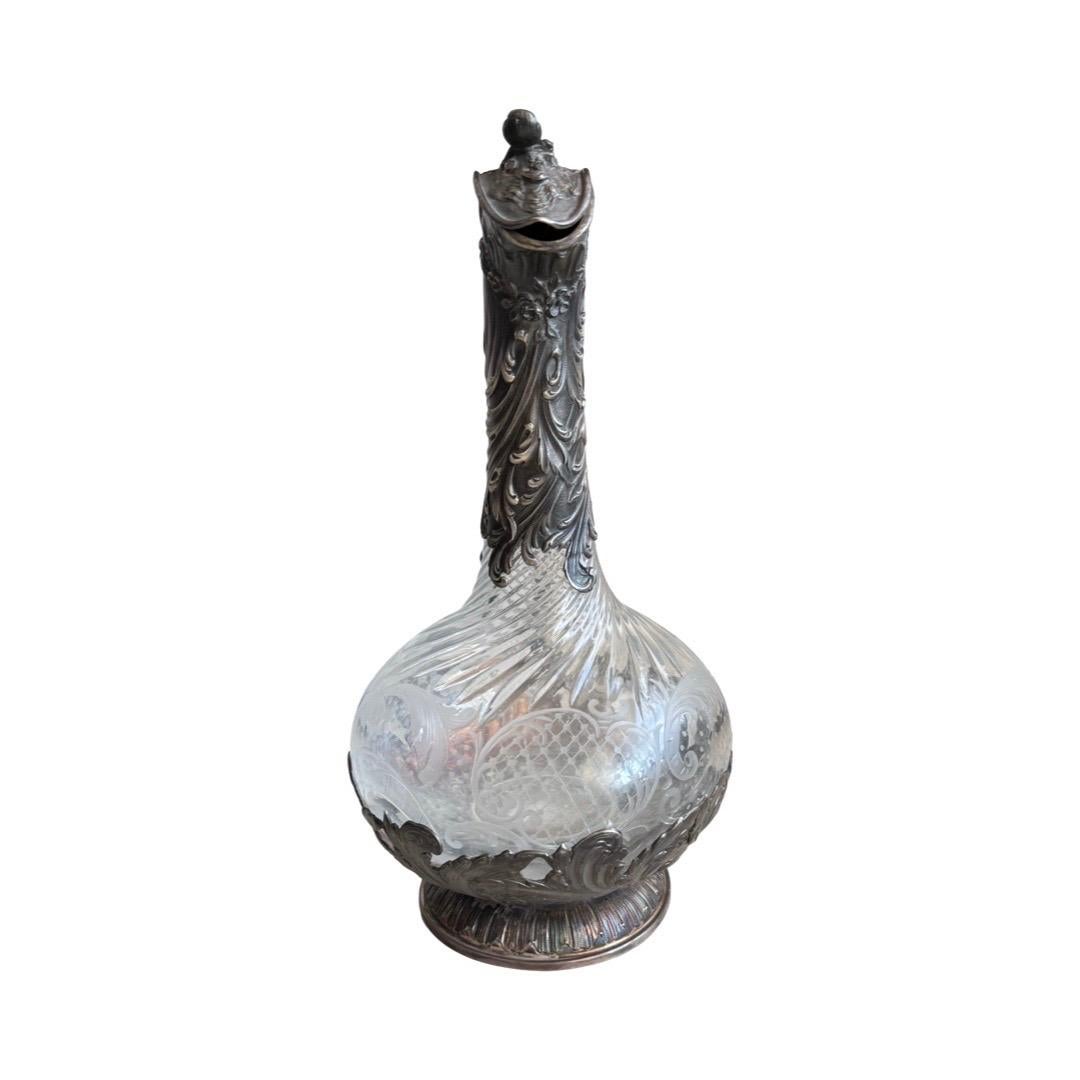 Sterling Silver Rococo Revival French Silver and Crystal Claret Jug, Late 19th Century For Sale