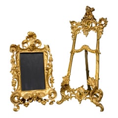 Rococo Revival Gilt Brass Table Easel and Frame Set, Vintage 1950s