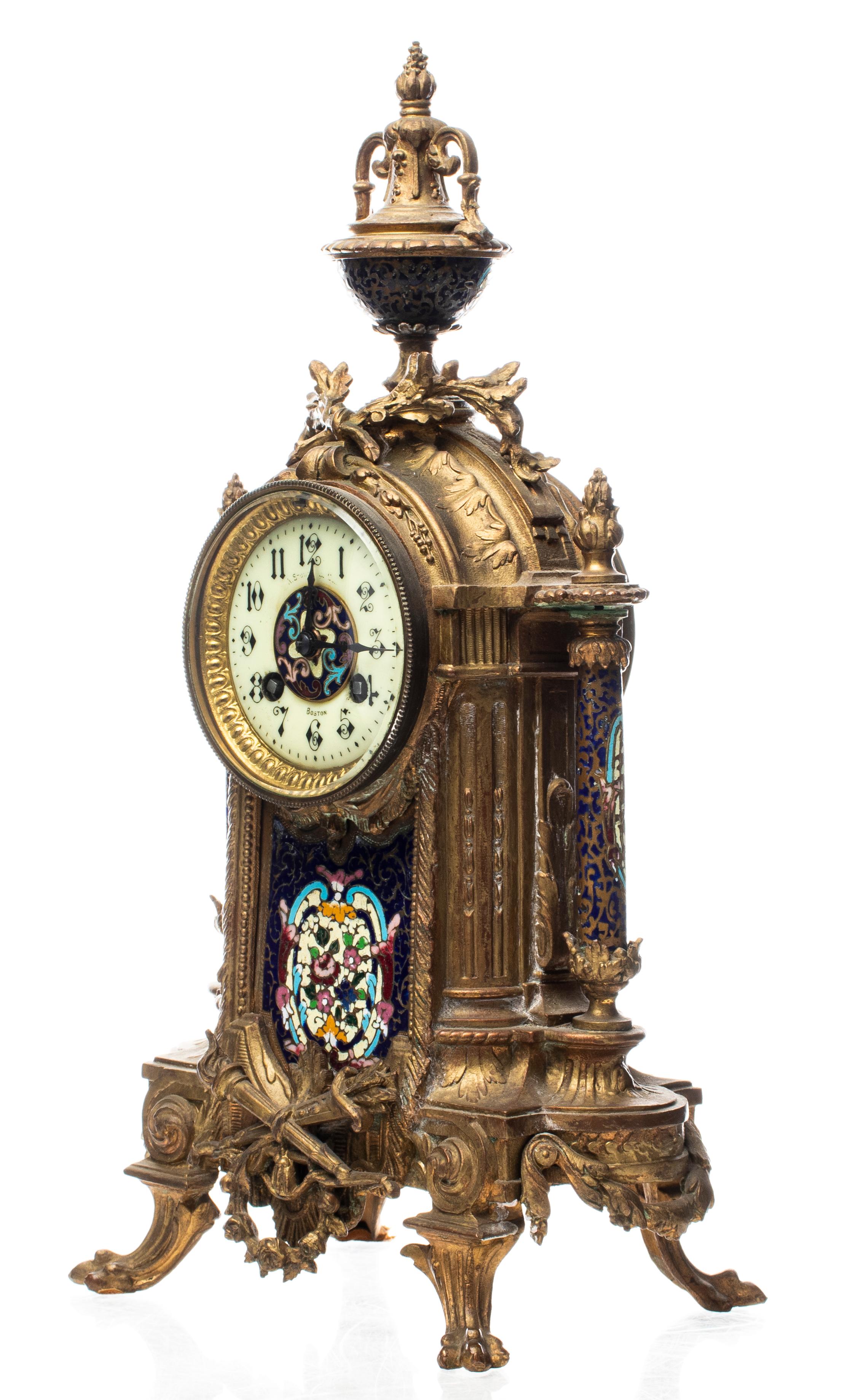 Rococo Revival gilt bronze mantel clock with enamel columns and panels, marked 