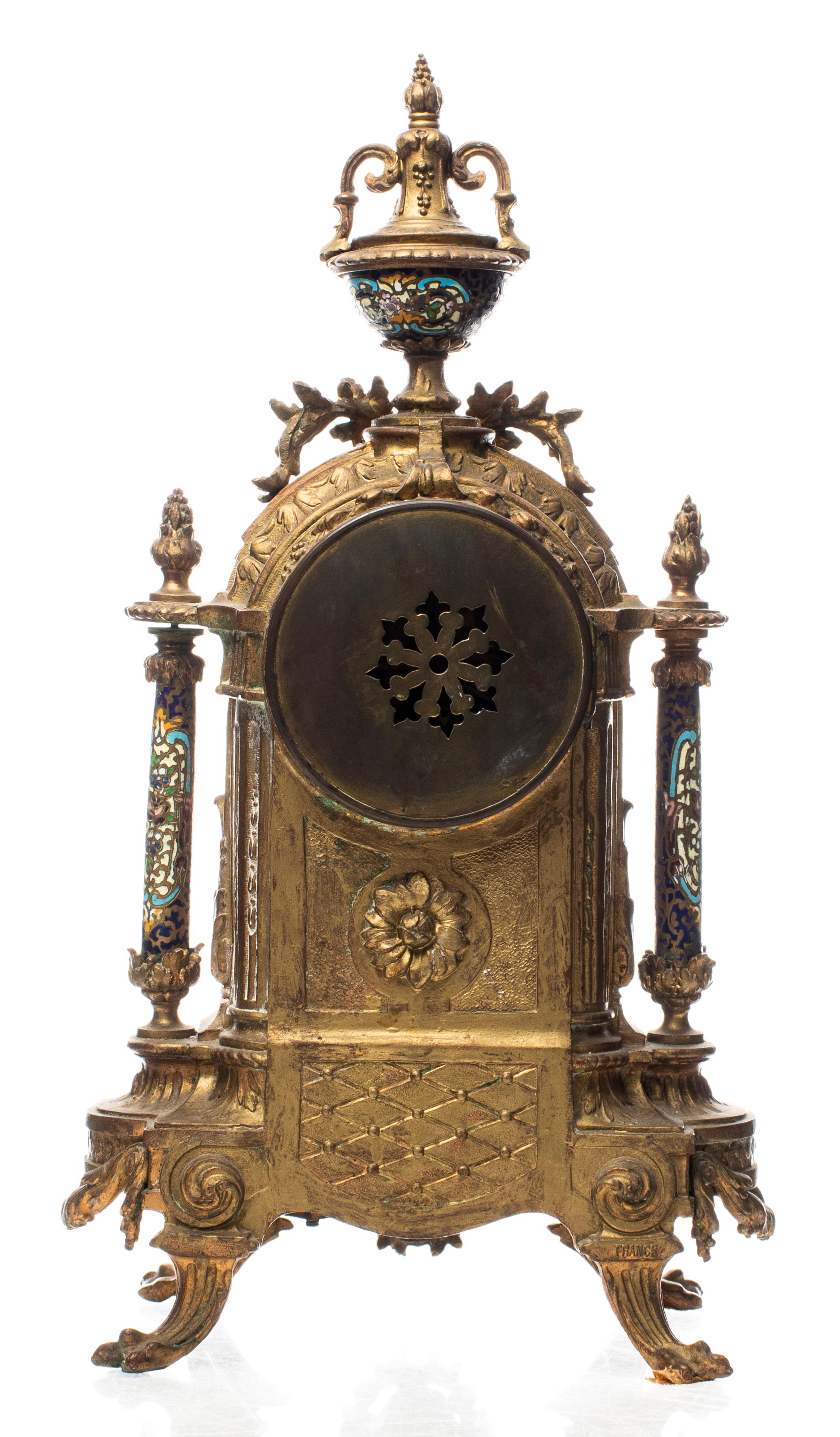 American Rococo Revival Gilt Bronze & Enamel Mantel Clock