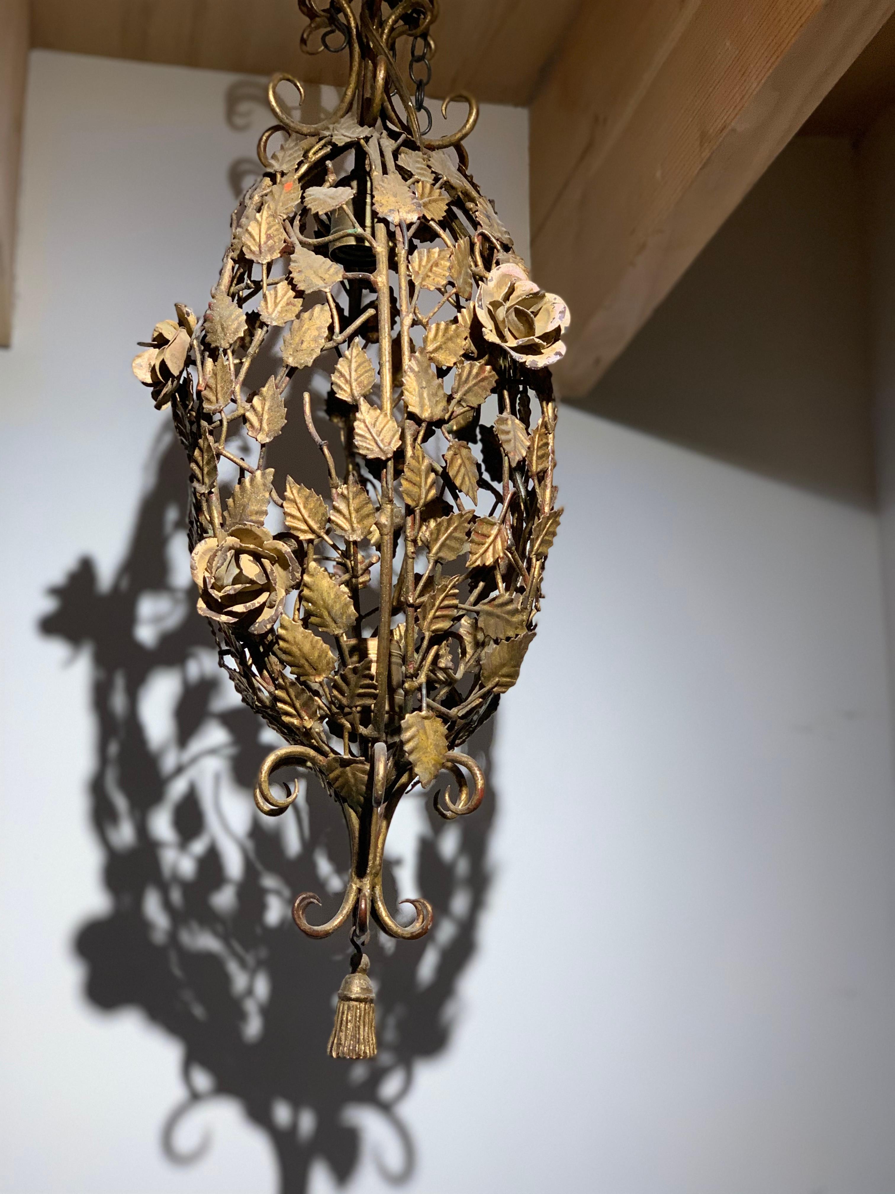 Rococo Revival Gilt Metal Climbing Rose Lantern Pendant, Trompe L'oeil Tassle In Fair Condition In Brooklyn, NY