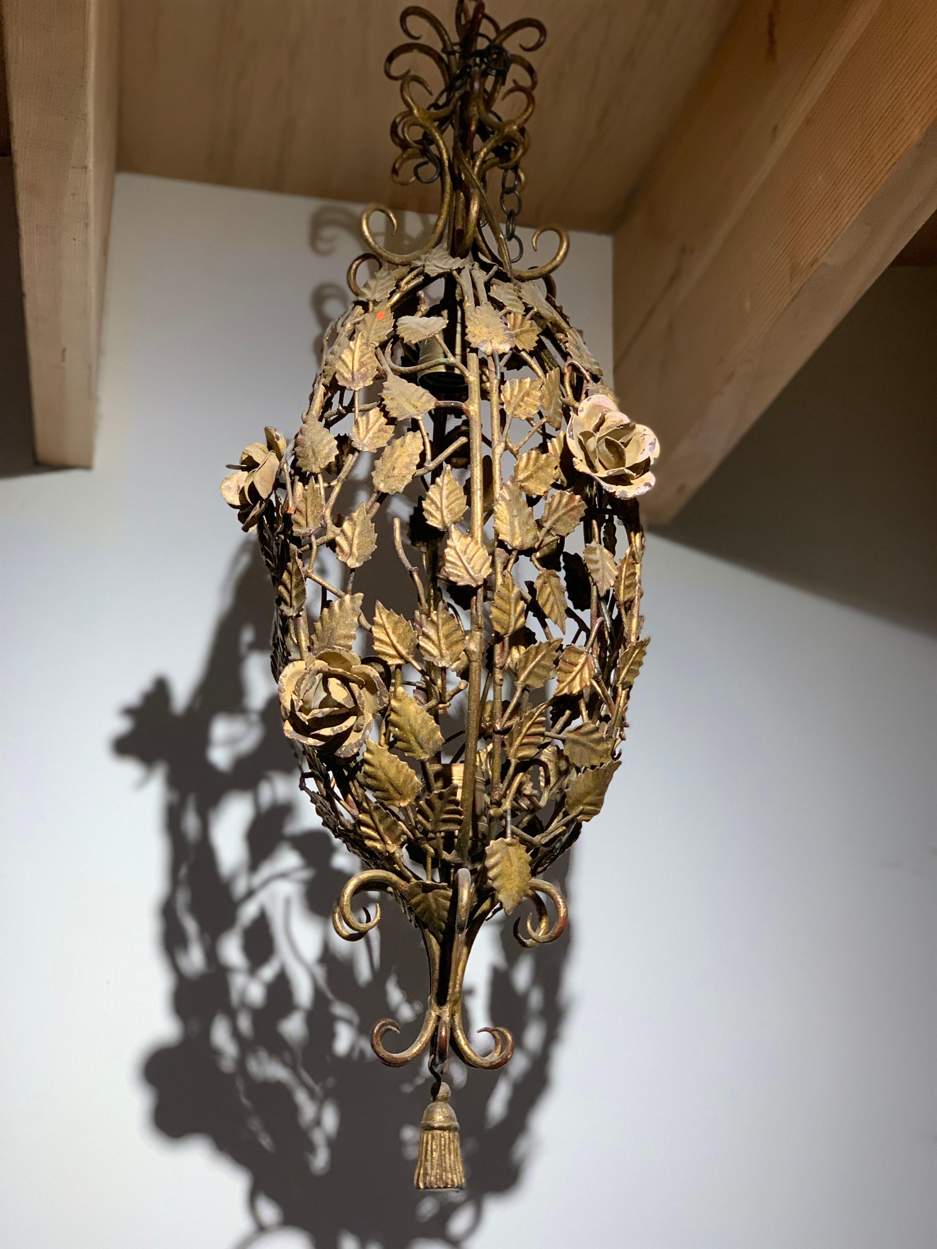 20th Century Rococo Revival Gilt Metal Climbing Rose Lantern Pendant, Trompe L'oeil Tassle