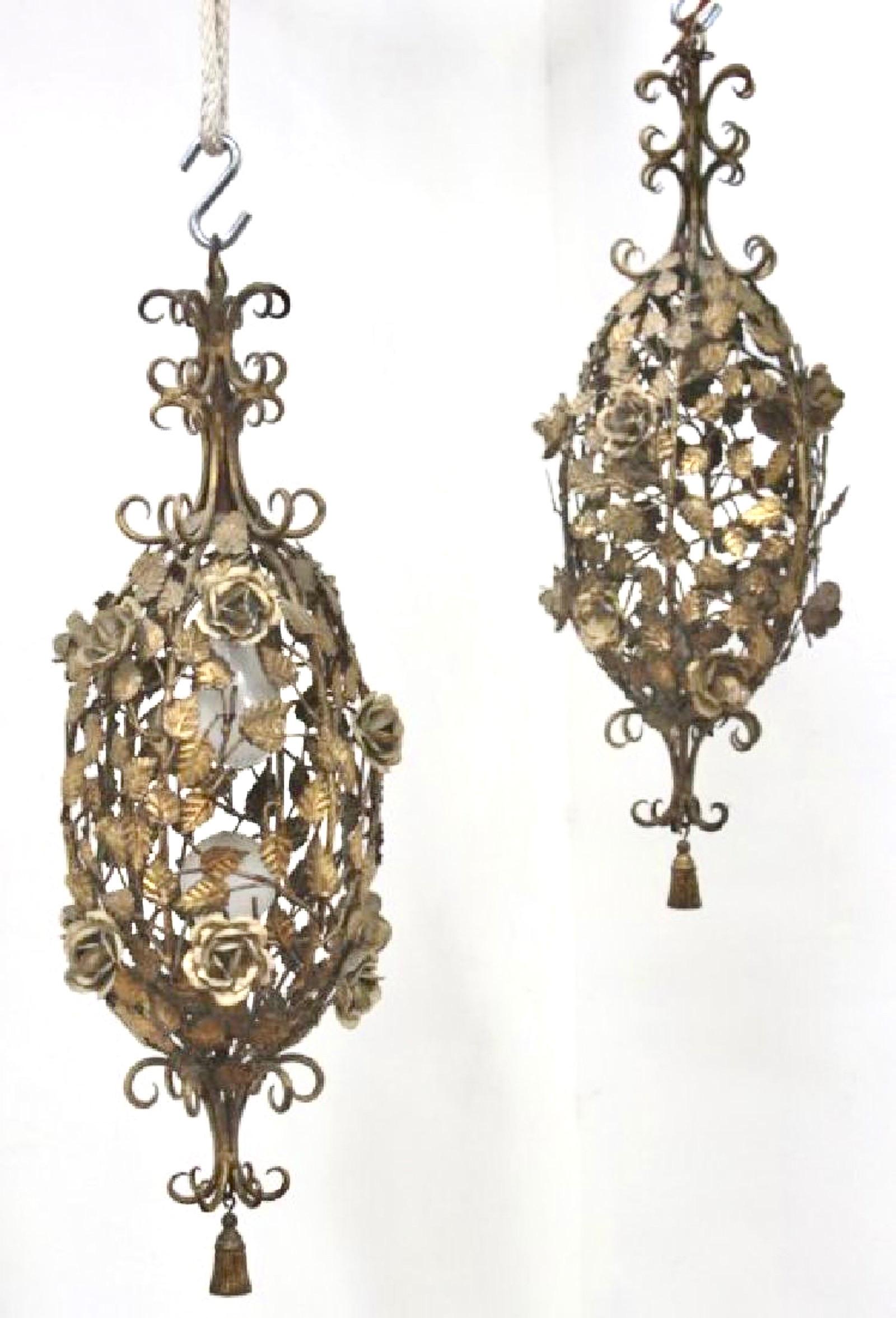 Ormolu Rococo Revival Gilt Metal Climbing Rose Lantern Pendant, Trompe L'oeil Tassle