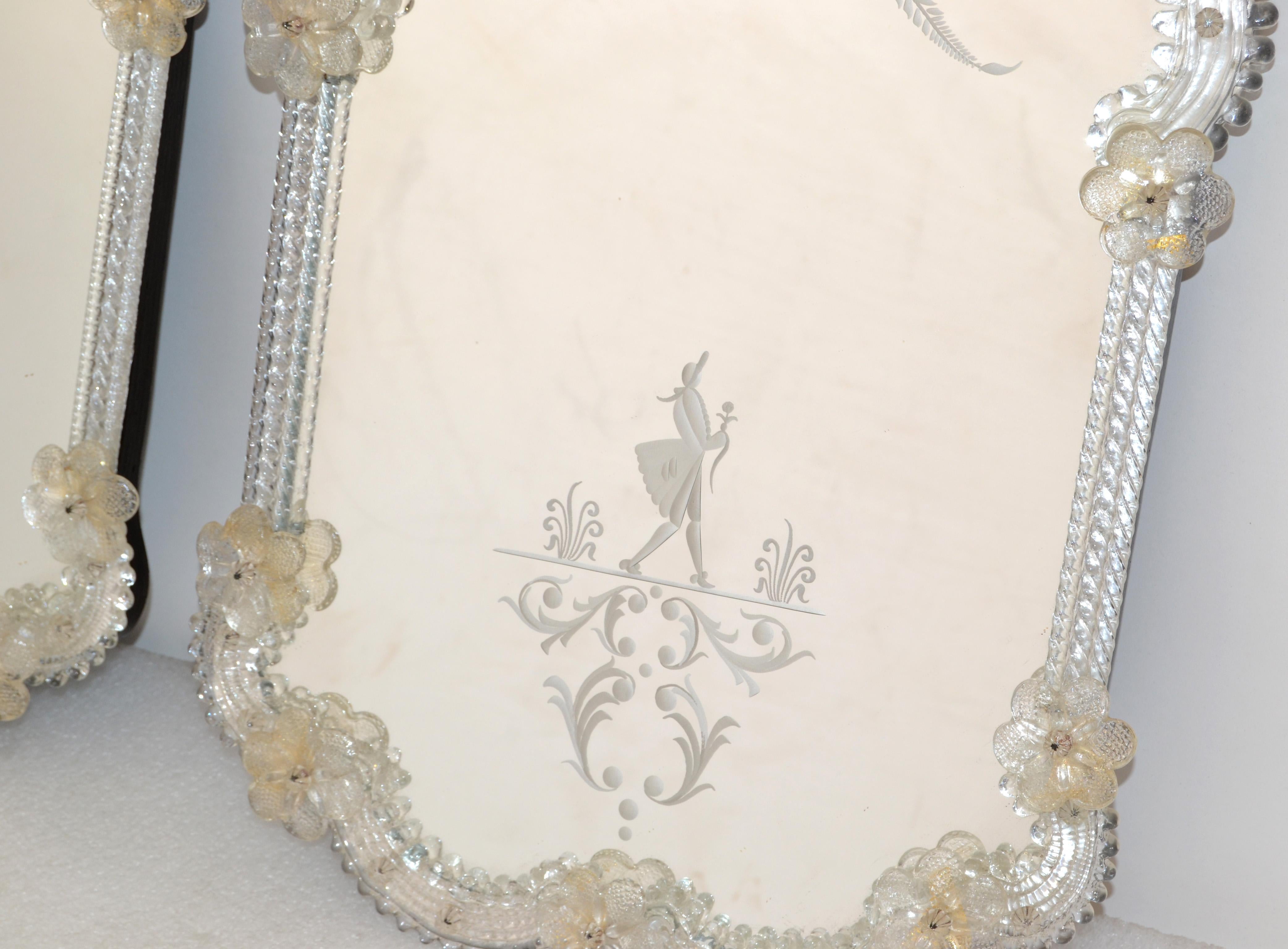 Rococo Revival Him and Her Etched Venetian Wall Mirror Bohemian Golden Flowers For Sale 5