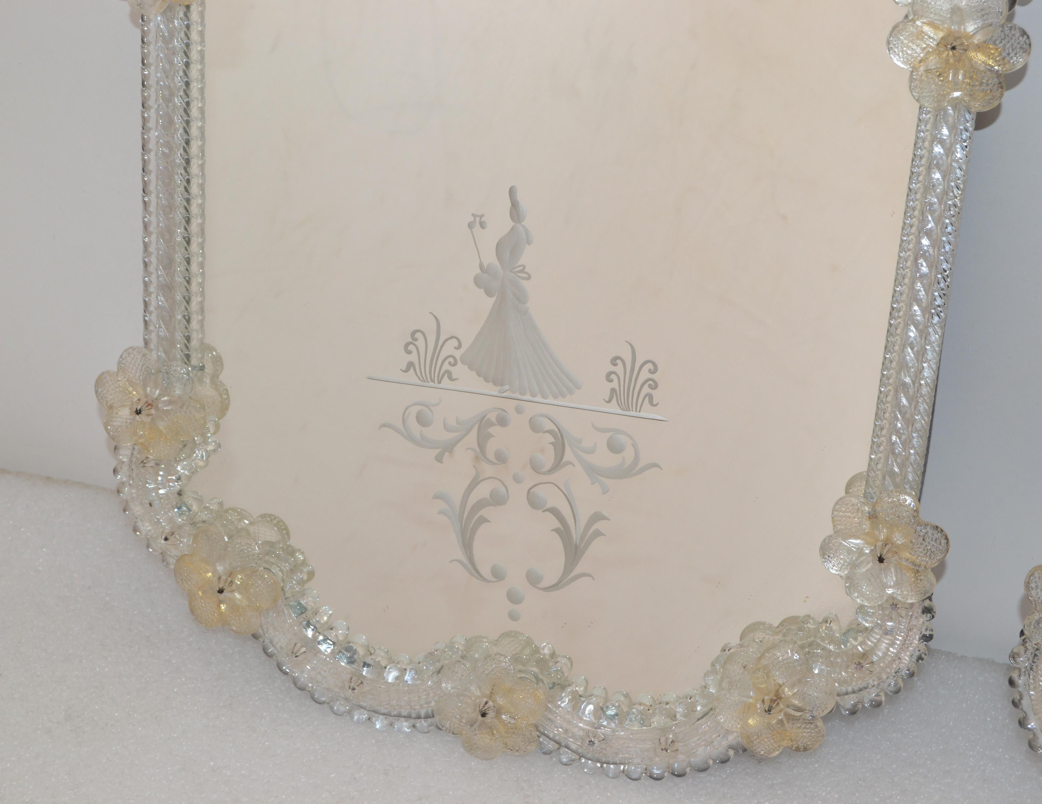 Rococo Revival Him and Her Etched Venetian Wall Mirror Bohemian Golden Flowers For Sale 6