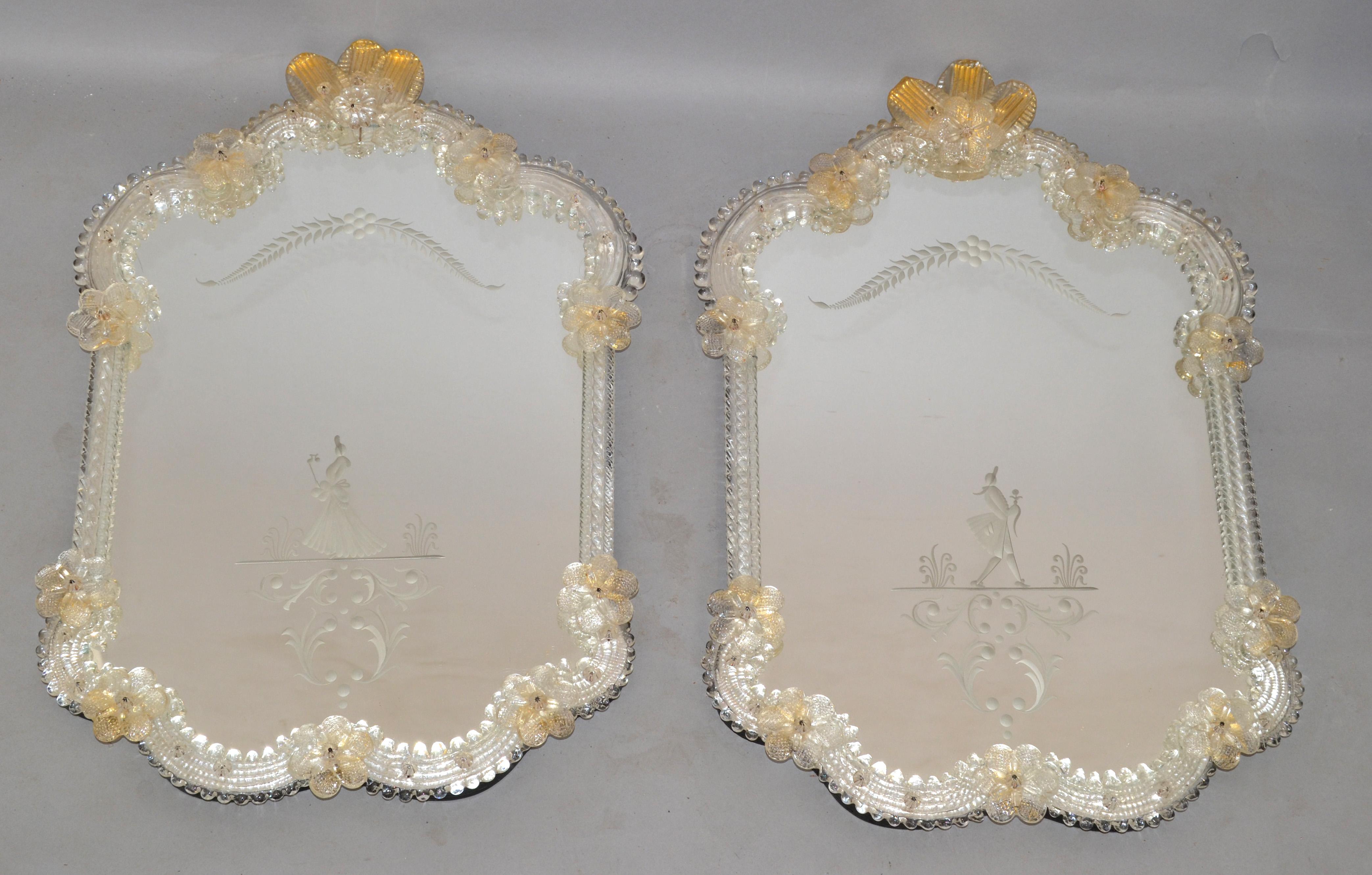 Rococo Revival Him and Her Etched Venetian Wall Mirror Bohemian Golden Flowers For Sale 11