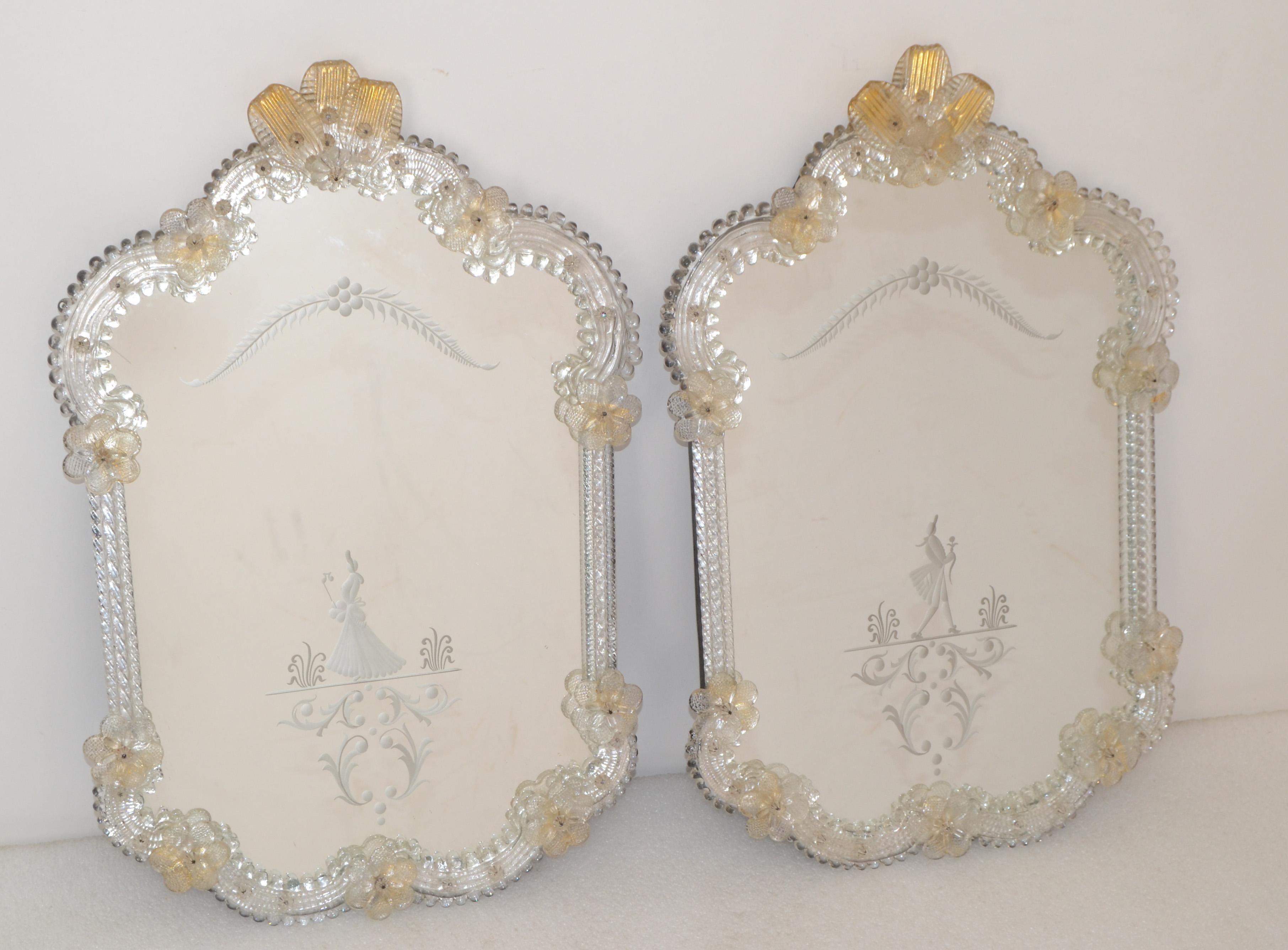Rococo Revival Him and Her Etched Venetian Wall Mirror Bohemian Golden Flowers For Sale 12