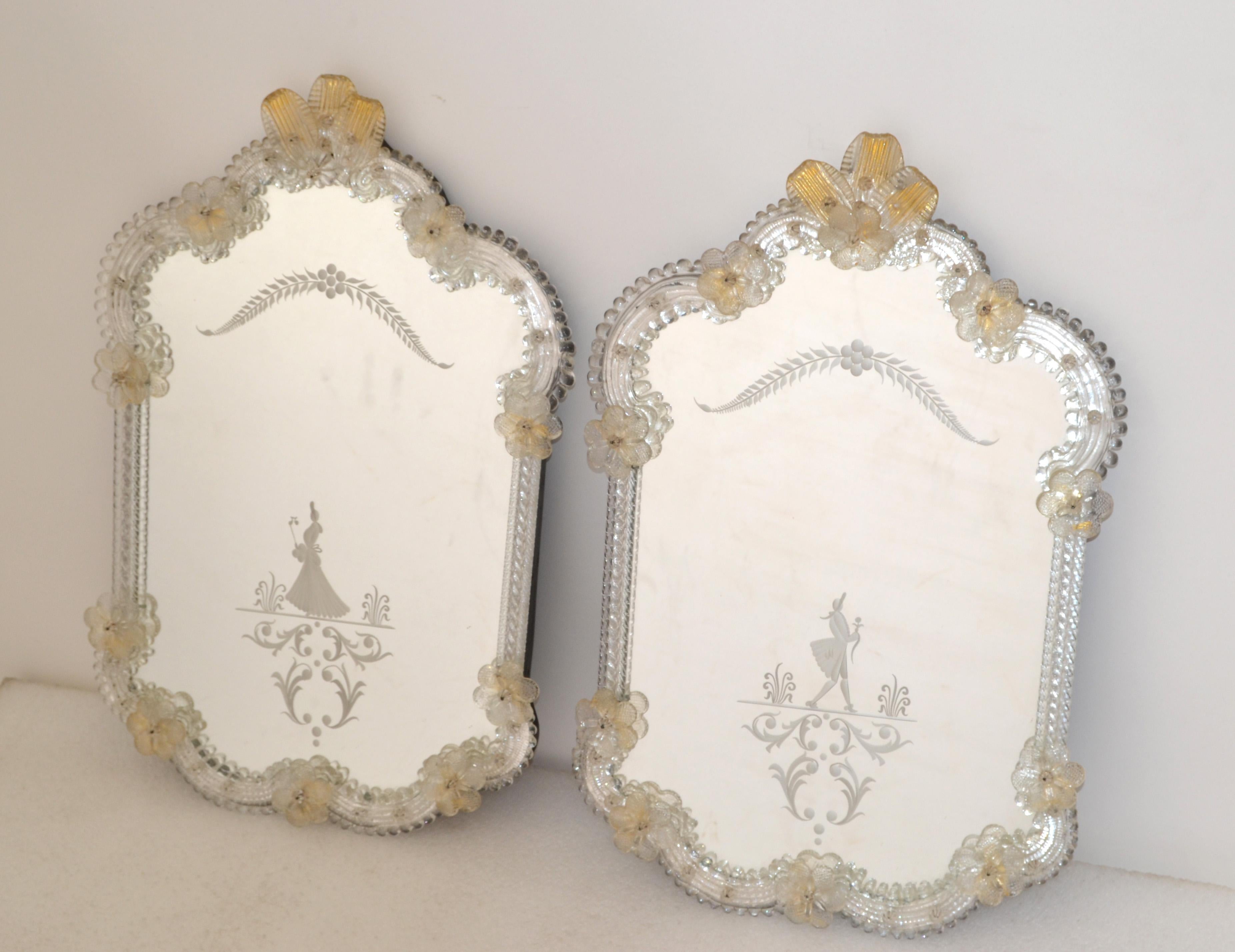 Italian Rococo Revival Him and Her Etched Venetian Wall Mirror Bohemian Golden Flowers For Sale
