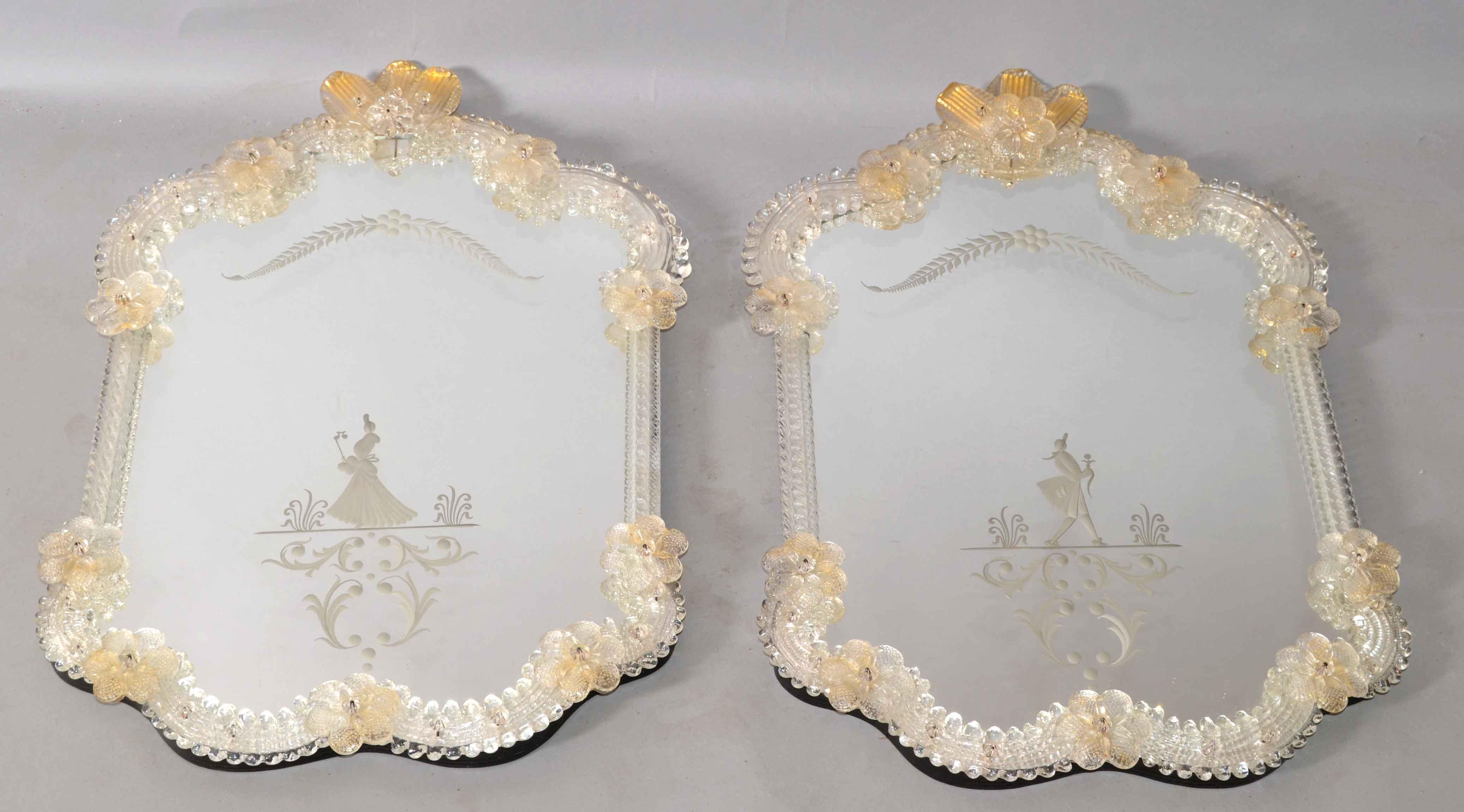 Rococo Revival Him and Her Etched Venetian Wall Mirror Bohemian Golden Flowers In Good Condition For Sale In Miami, FL