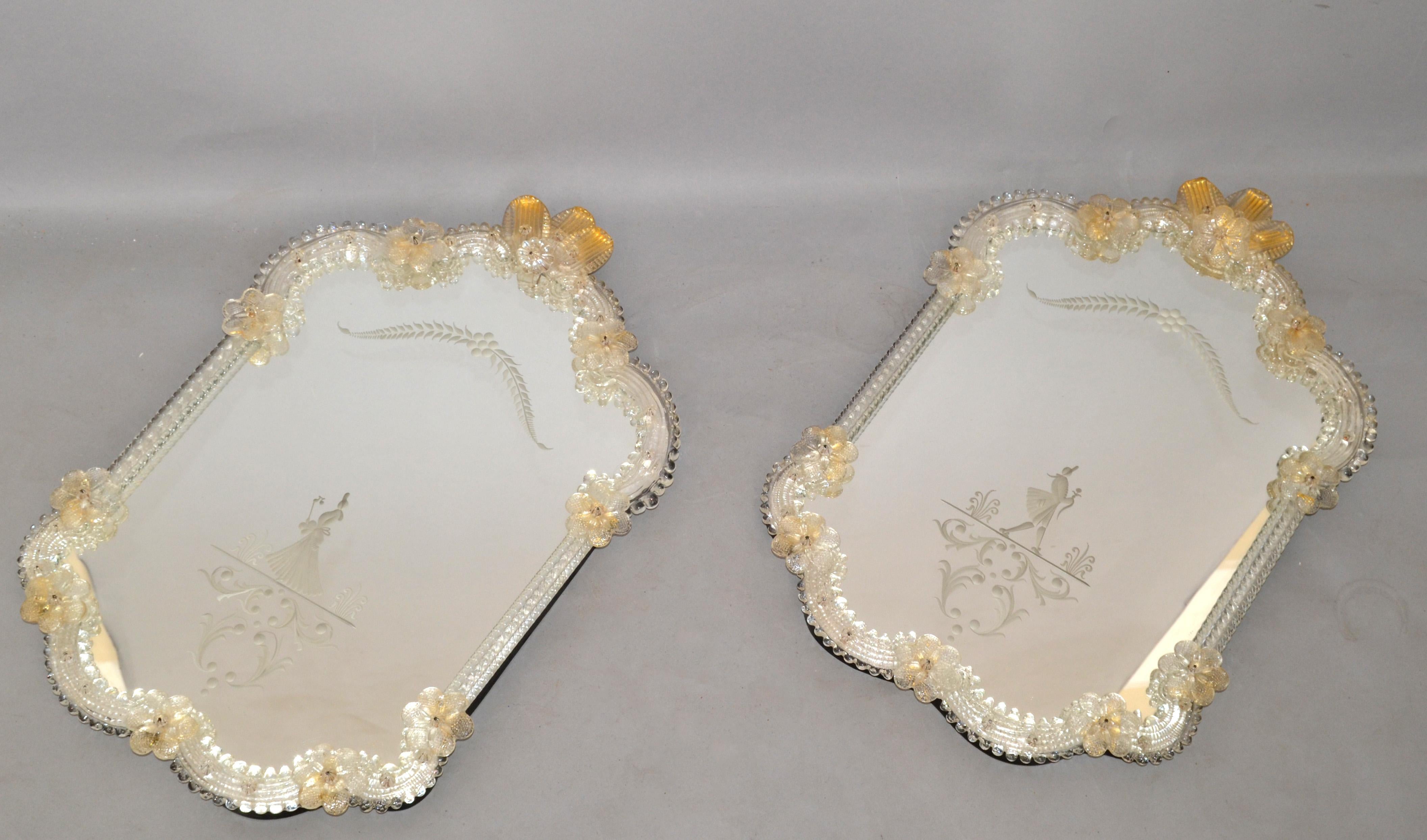 20th Century Rococo Revival Him and Her Etched Venetian Wall Mirror Bohemian Golden Flowers For Sale