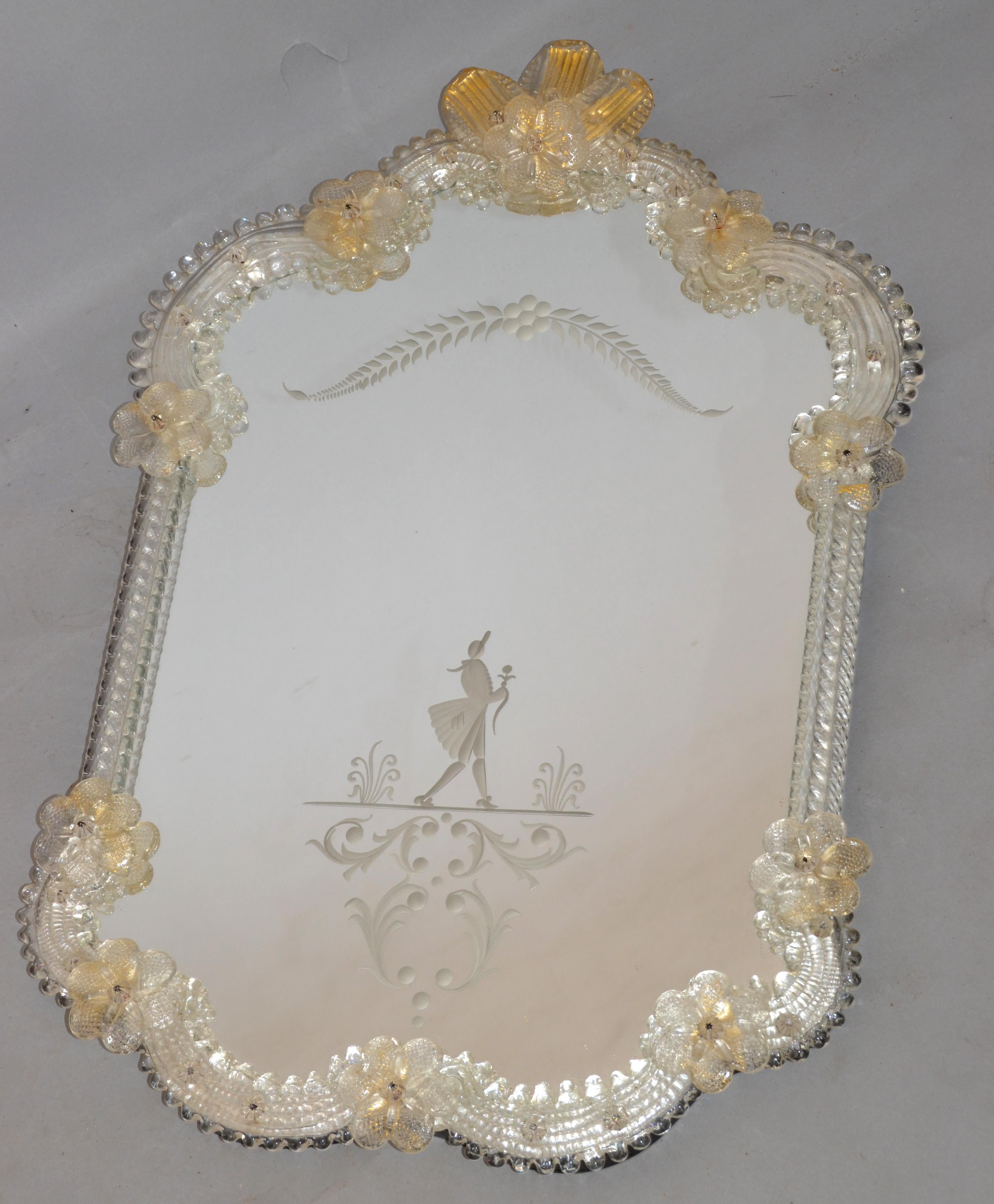 Gold Leaf Rococo Revival Him and Her Etched Venetian Wall Mirror Bohemian Golden Flowers For Sale